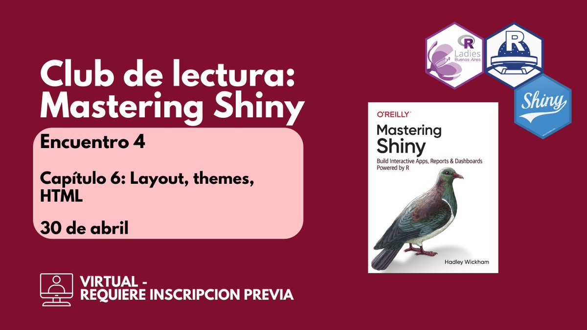 R-Ladies BuenosAires (@rladiesba) on Twitter photo Se viene el 4to encuentro del Club de Lectura Mastering Shiny. Con la participación especial del amigo de la casa <a href="/LuisDVerde/">Luis D. Verde Arregoitia</a> y nuestra R-Lady <a href="/VA_GarciaAlonso/">Virginia García Alonso</a>
📅 Mié 30/04, 18:30-20:00 (UTC-3).
meetup.com/renbaires/even…
No te lo pierdas!!! Se viene el 4to encuentro del Club de Lectura Mastering Shiny. Con la participación especial del amigo de la casa <a href="/LuisDVerde/">Luis D. Verde Arregoitia</a> y nuestra R-Lady <a href="/VA_GarciaAlonso/">Virginia García Alonso</a>
📅 Mié 30/04, 18:30-20:00 (UTC-3).
meetup.com/renbaires/even…
No te lo pierdas!!!