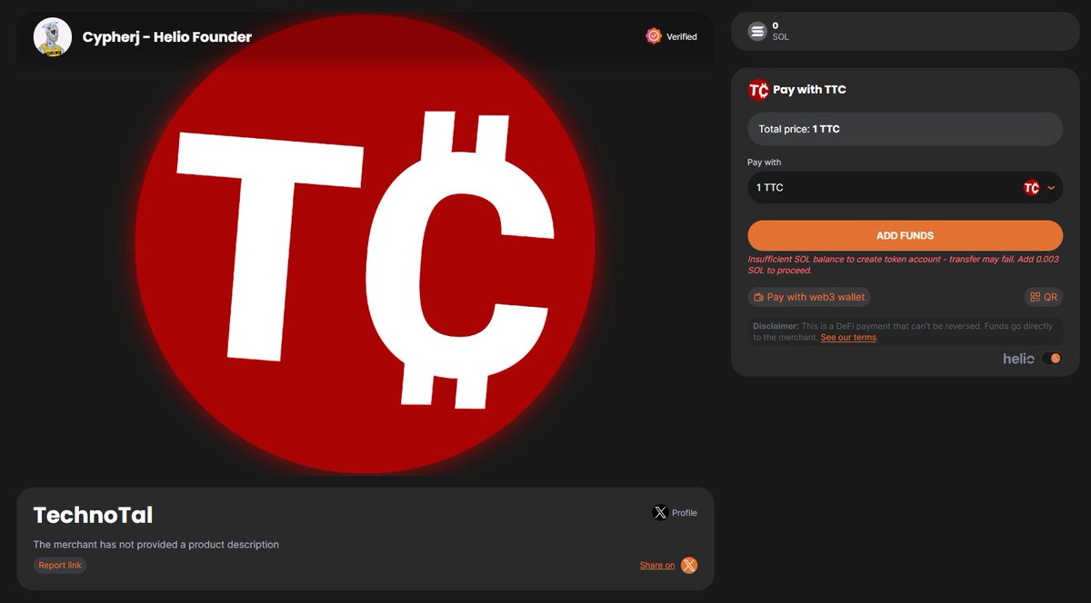 itechnotal's tweet photo. 🚨 Big news!
 TechnoTal Coin ($TTC) is now officially integrated with Helio – the Solana-based payment provider! 💳⚡
You can now use TTC for fast, secure payments across supported platforms!
Buy now: https://t.co/sv9BMa8Y5d

#TTC #TechnoTal #Solana #Helio #CryptoPayments https://t.co/BylMhxvUMI