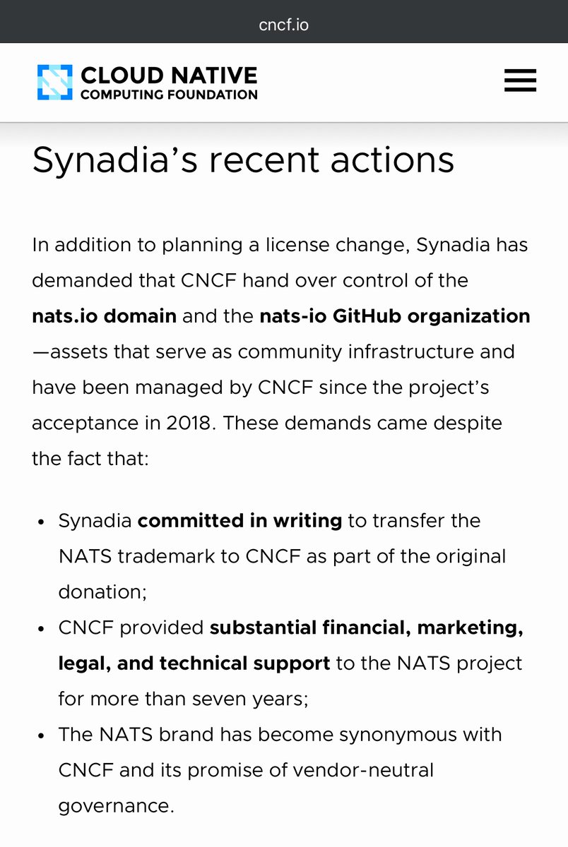 kozlovski's tweet photo. ouch, some drama in the NATS space as Synadia (the creators) want to take it BACK from the CNFC under their own license https://t.co/pWIxkOyyEh