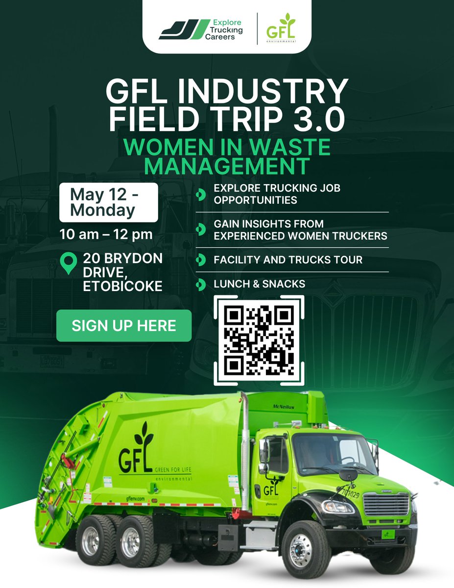 <a href="/GFLenv/">GFL Environmental</a> in collab with <a href="/ExploreTrucking/">Explore Trucking Careers</a> is hosting another FREE industry field trip to their facility! 

focus: Supporting Women in Waste

See you on May 12!
lu.ma/090o98ix