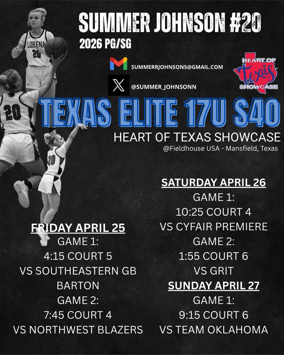 Summer Johnson (@summer_johnsonn) on Twitter photo ๐๐April 25-27 Iโll be playing at the Heart of Texas Showcase in Mansfield for the first live tournament!! Proud to be playing on Texas Elite 17U S40!!๐ช
<a href="/txelitebball/">Texas Elite Basketball</a> <a href="/CoachJKite/">Coach Jorden Kite</a> <a href="/CoachLTid/">LARRY TIDWELL</a> <a href="/BasketballLone/">Gene Smith</a> <a href="/Hannah24RN/">Hannah Matthews</a>
Hereโs my schedule!! โฌ๏ธโฌ๏ธ ๐๐April 25-27 Iโll be playing at the Heart of Texas Showcase in Mansfield for the first live tournament!! Proud to be playing on Texas Elite 17U S40!!๐ช
<a href="/txelitebball/">Texas Elite Basketball</a> <a href="/CoachJKite/">Coach Jorden Kite</a> <a href="/CoachLTid/">LARRY TIDWELL</a> <a href="/BasketballLone/">Gene Smith</a> <a href="/Hannah24RN/">Hannah Matthews</a>
Hereโs my schedule!! โฌ๏ธโฌ๏ธ