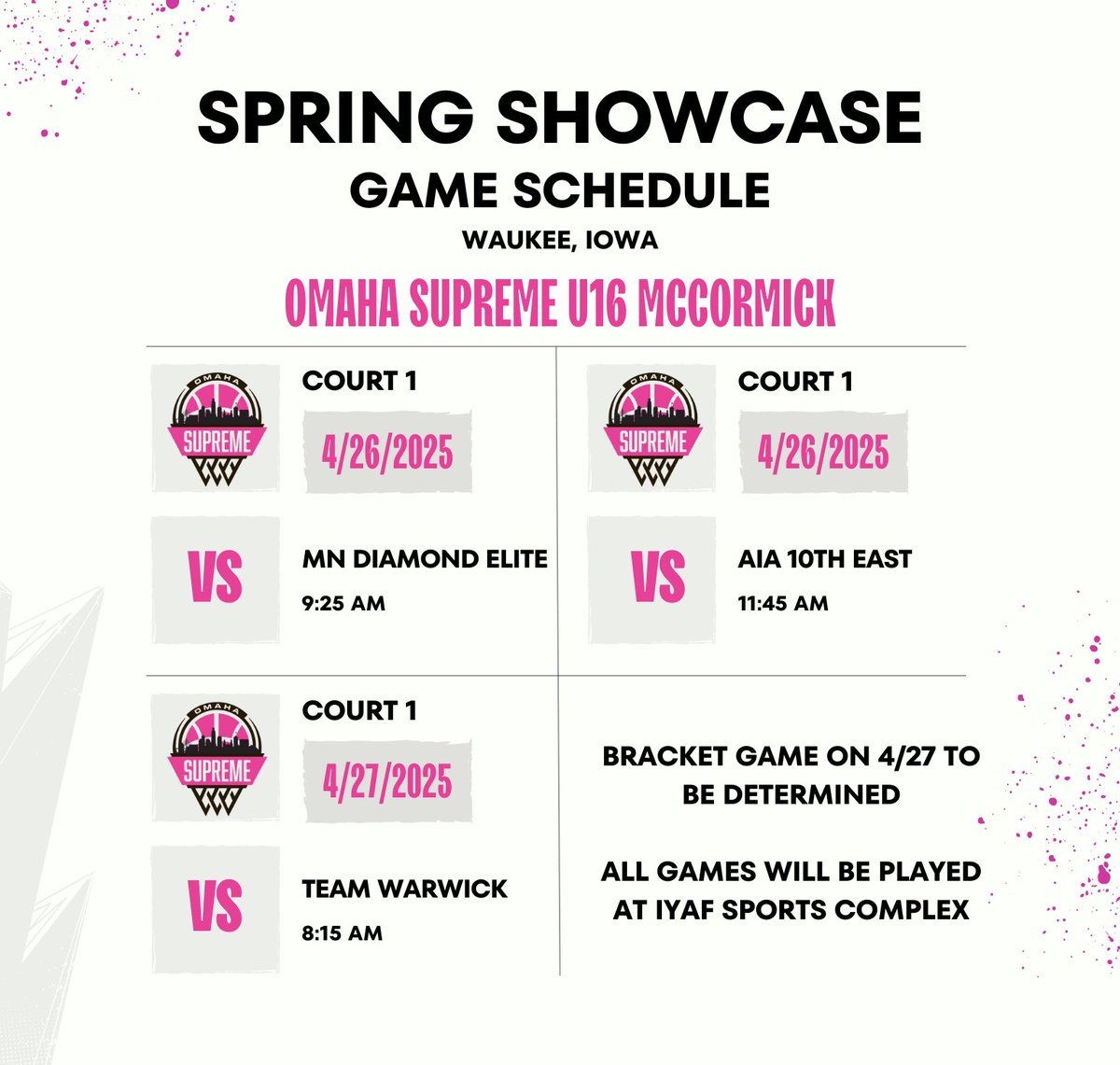 U16 McCormick is playing this weekend at the Spring Showcase in Waukee, Iowa! Below is their game schedule.