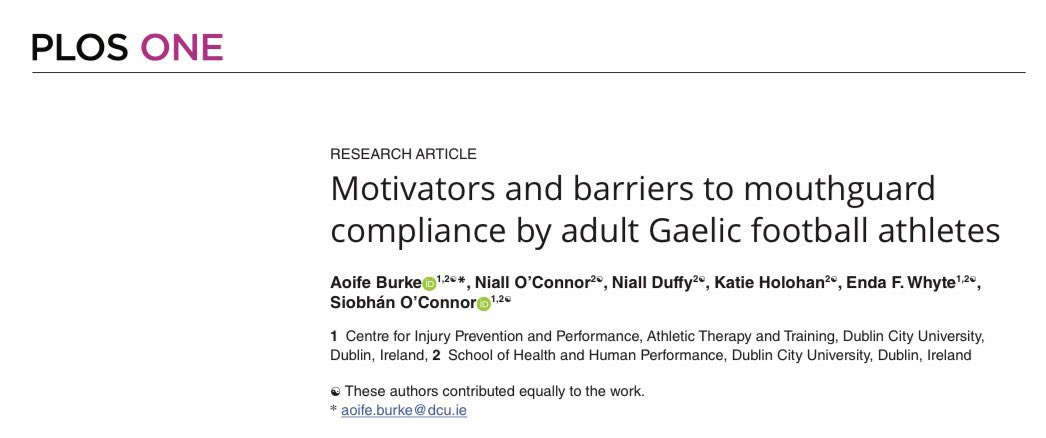 Niall Duffy (@niallduffyat) on Twitter photo Delighted to share my first academic contribution! Research from my DCU final year project features in this new paper on mouthguard use in adult Gaelic football, led by <a href="/adeburca11/">Aoife Burke</a>. Huge thanks to all!
Read it here: journals.plos.org/plosone/articl⦠Delighted to share my first academic contribution! Research from my DCU final year project features in this new paper on mouthguard use in adult Gaelic football, led by <a href="/adeburca11/">Aoife Burke</a>. Huge thanks to all!
Read it here: journals.plos.org/plosone/articlā¦
