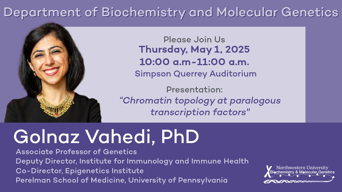 Northwestern BMG and SQE (@nu_bmg_sqe) on Twitter photo Join us today for the BMG Seminar Speaker Dr. Golnaz Vahedi! <a href="/golnaz_v/">Golnaz Vahedi</a> Hosted by Dr. Feng Yue <a href="/yuefeng_1/">Feng Yue</a>
#epigenetics #chromatin #TranscriptionFactors <a href="/NUFeinbergMed/">Northwestern Feinberg School of Medicine</a> <a href="/NorthwesternMed/">Northwestern Medicine</a> <a href="/PennEpiInst/">Penn Epigenetics</a> <a href="/PennMedicine/">Penn Medicine</a> Join us today for the BMG Seminar Speaker Dr. Golnaz Vahedi! <a href="/golnaz_v/">Golnaz Vahedi</a> Hosted by Dr. Feng Yue <a href="/yuefeng_1/">Feng Yue</a>
#epigenetics #chromatin #TranscriptionFactors <a href="/NUFeinbergMed/">Northwestern Feinberg School of Medicine</a> <a href="/NorthwesternMed/">Northwestern Medicine</a> <a href="/PennEpiInst/">Penn Epigenetics</a> <a href="/PennMedicine/">Penn Medicine</a>