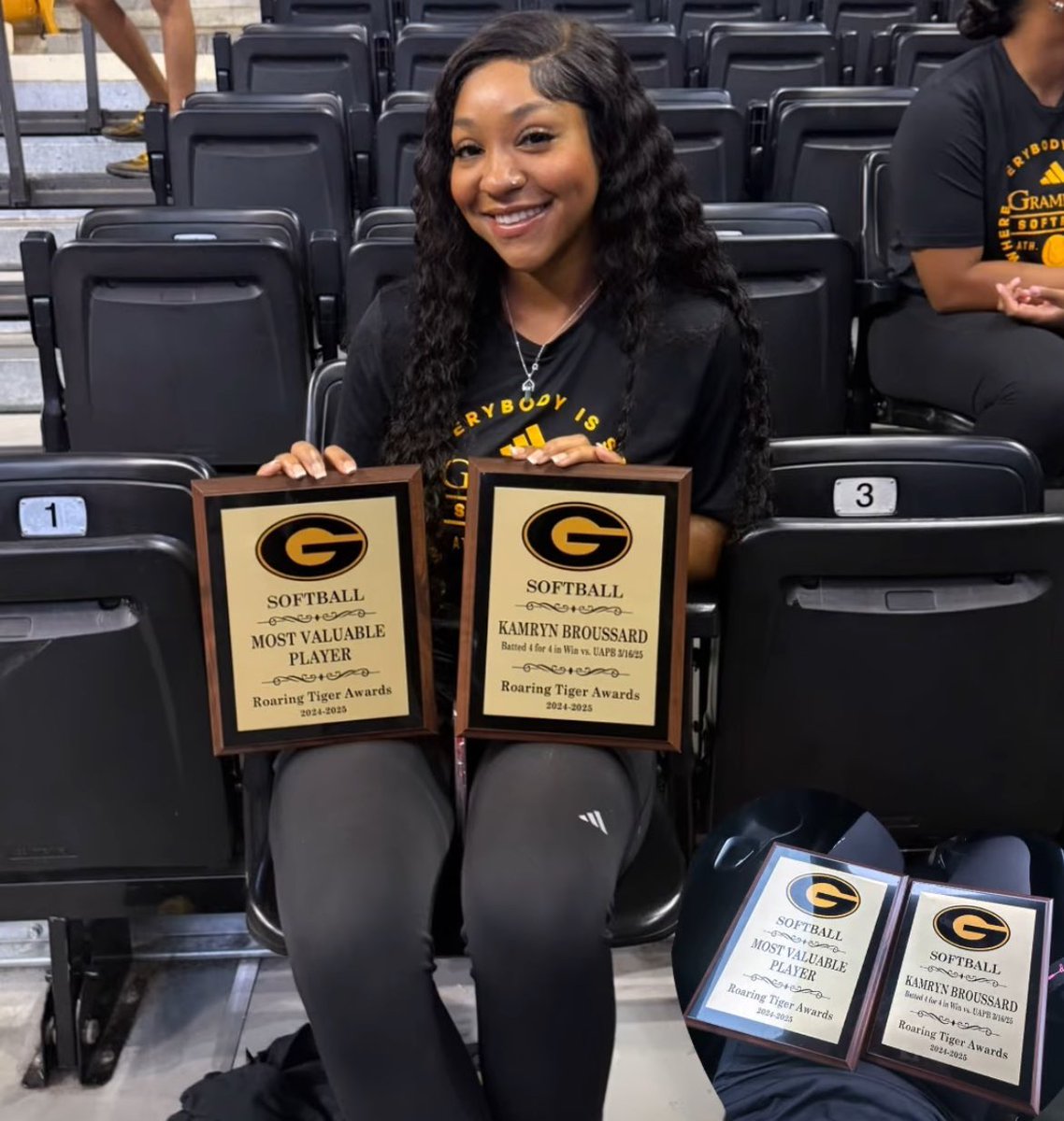 KamrynBroussard's tweet photo. Humbled and blessed to receive the MVP award for the second year in a row 🐯@GSUSOFTBALL 🐅💛🖤❤️ @GSU_TIGERS #TwoTimeMVP @TheTigerHuddle @Softball_La @HBCUSoftball #UDontGrindUDontShine @MSPtakeover @HBCUSports1 https://t.co/MfkMlZxpiX