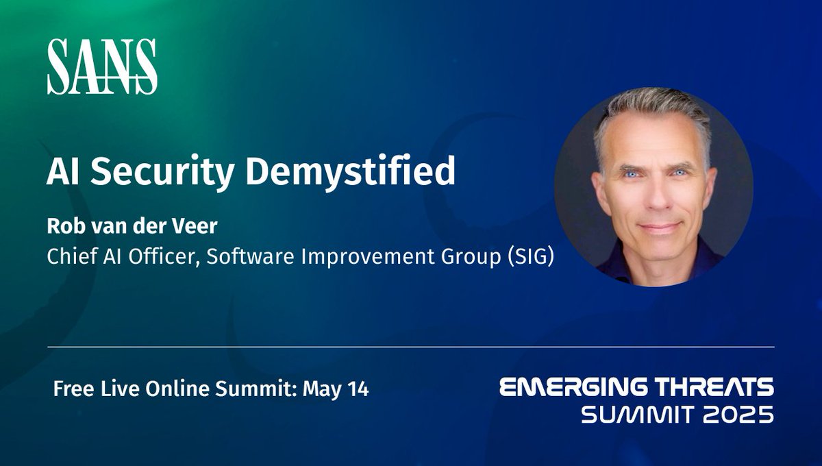 AI is being bolted onto everything. As if it can't be hacked easily. Not smart. May 14, <a href="/SANSInstitute/">SANS Institute</a> hosts the Emerging Threats Summit, w. <a href="/robvanderveer/">Rob van der Veer</a> on the #AIsecurity framework of the <a href="/owasp/">OWASP® Foundation</a> AI Exchange. Don't deploy AI without guardrails: lnkd.in/dypJJkka   #DFIR