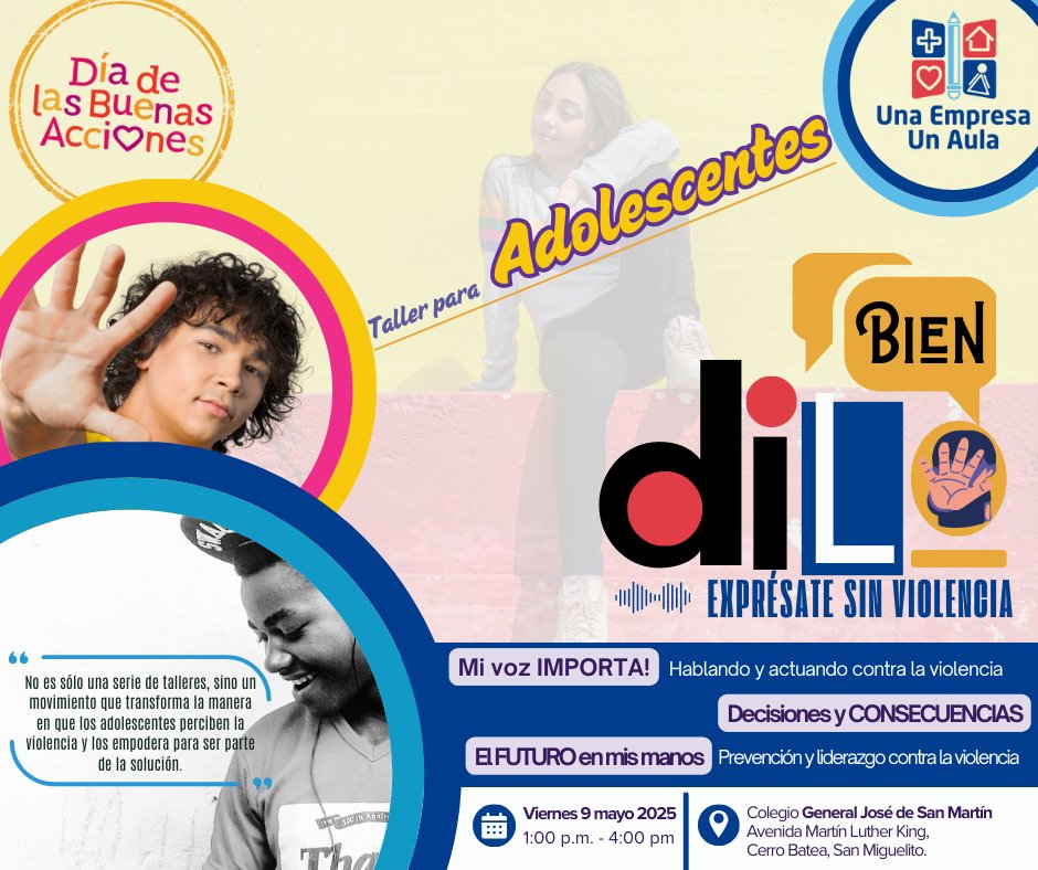 1empresa1aula's tweet photo. 📢 Mi Voz Importa ✨
Creemos que cada adolescente merece ser escuchado.
Con #DiloBien y #ExprésateSinViolencia trabajamos con jóvenes de 7° grado del CEBG Gral. José de San Martín para fomentar la expresión segura y reconocer la violencia.
#MiVozImporta #BuenasAccionesPty #Panamá https://t.co/oclrtlmUAc