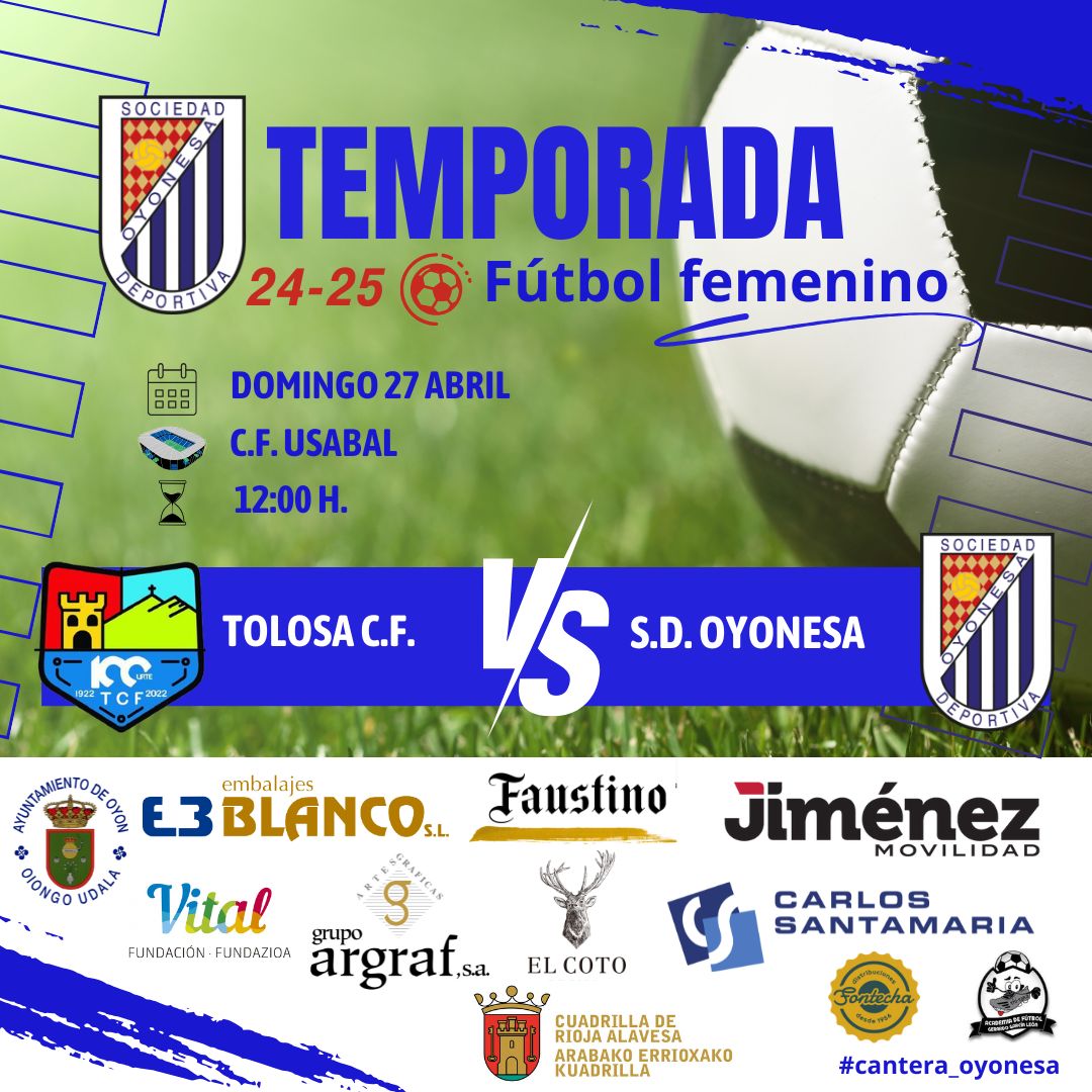 SD Oyonesa (@sdoyonesa) on Twitter photo Nueva jornada para nuestro femenino
<a href="/tolosacf_/">Tolosa C.F. Futbola</a> 🆚 <a href="/SDOyonesa/">SD Oyonesa</a>
📆 Domingo 27 abril - 12:00h
🏟️ Campo Usabal
¡A por todas, chicas!
Goazen NESKAK
#FútbolFemenino #Cantera_Oyonesa Nueva jornada para nuestro femenino
<a href="/tolosacf_/">Tolosa C.F. Futbola</a> 🆚 <a href="/SDOyonesa/">SD Oyonesa</a>
📆 Domingo 27 abril - 12:00h
🏟️ Campo Usabal
¡A por todas, chicas!
Goazen NESKAK
#FútbolFemenino #Cantera_Oyonesa