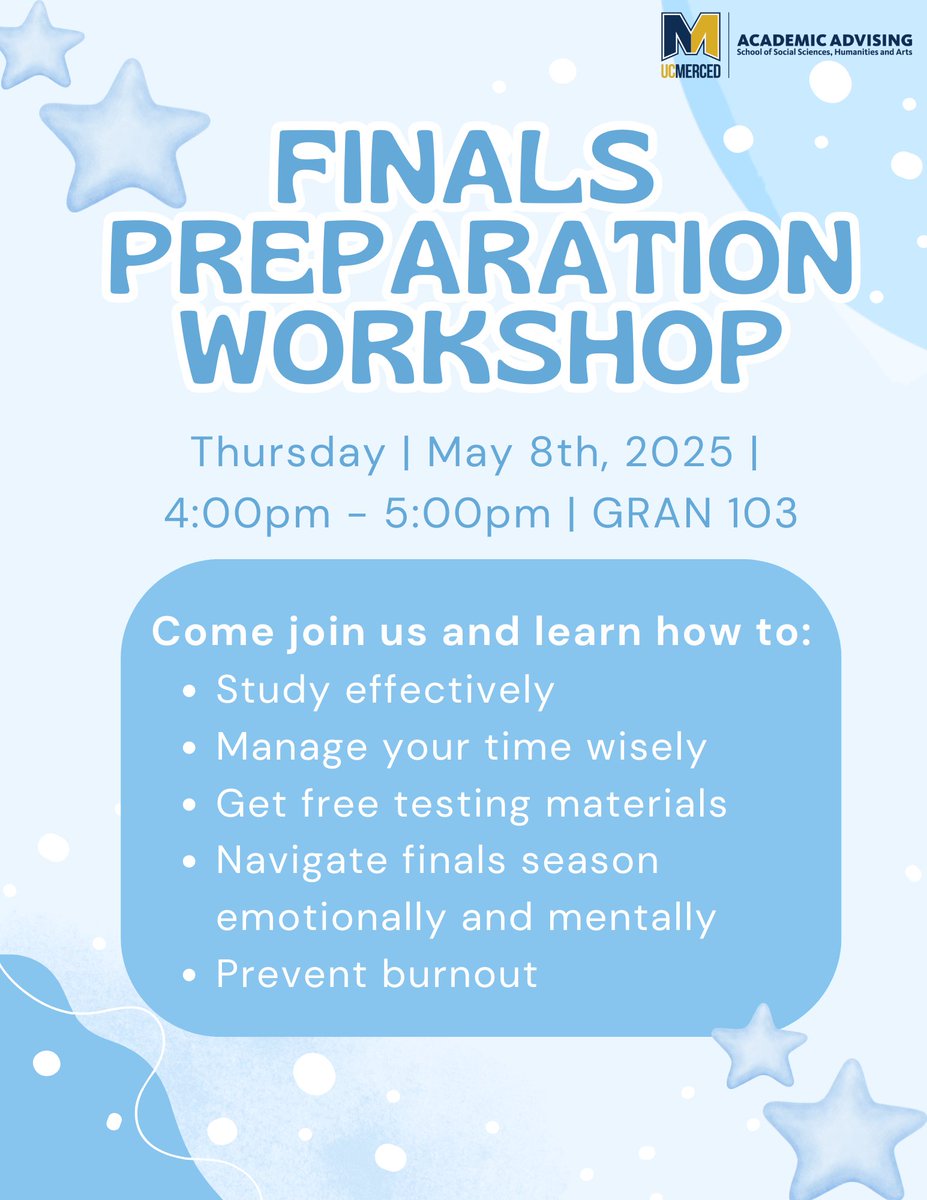 Hey Bobcats!

Getting ready for finals week? Join us to learn about how to manage the workload and get tips and tricks on how to study effectively during this stressful time.

See you May 8th from 4PM - 5PM in Granite 103 :)