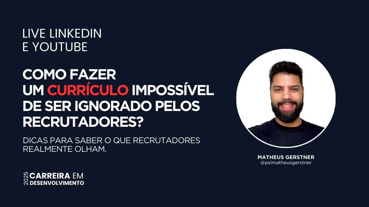 gerstnermatheus's tweet photo. Como fazer um Currículo impossível de ser ignorado pelos recrutadores?     

Na próxima segunda, vou dar uma aula gratuita no Youtube sobre currículo estratégico!       

Ativem agora o lembrete da aula e participem!  

📅28/04, às 12h
🔗 https://t.co/hIpFldukvO https://t.co/jdCujtG1hD