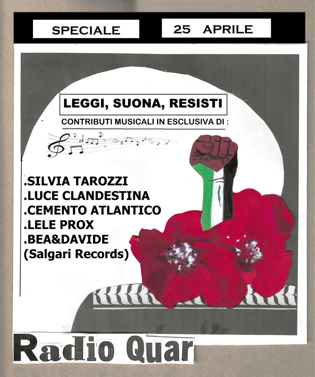 Radio Quar (@radioquar) on Twitter photo E poi ci sarΓ tanta musica in esclusiva
alle 13.00 <a href="/Leleprox/">Leleprox</a>
alle 17.30 Bea&Davide della Salgari Records
alle 18.30 Cemento Atlantico
alle 19.30 Luce Clandestina
alle 21.00 Silvia Tarozzi & Deborah Walker
Le locandine sono di <a href="/rodofricca/">Rodo π΅πΈ</a> e <a href="/Errata_0/">Montgomery Spliff</a> E poi ci sarΓ tanta musica in esclusiva
alle 13.00 <a href="/Leleprox/">Leleprox</a>
alle 17.30 Bea&Davide della Salgari Records
alle 18.30 Cemento Atlantico
alle 19.30 Luce Clandestina
alle 21.00 Silvia Tarozzi & Deborah Walker
Le locandine sono di <a href="/rodofricca/">Rodo π΅πΈ</a> e <a href="/Errata_0/">Montgomery Spliff</a>