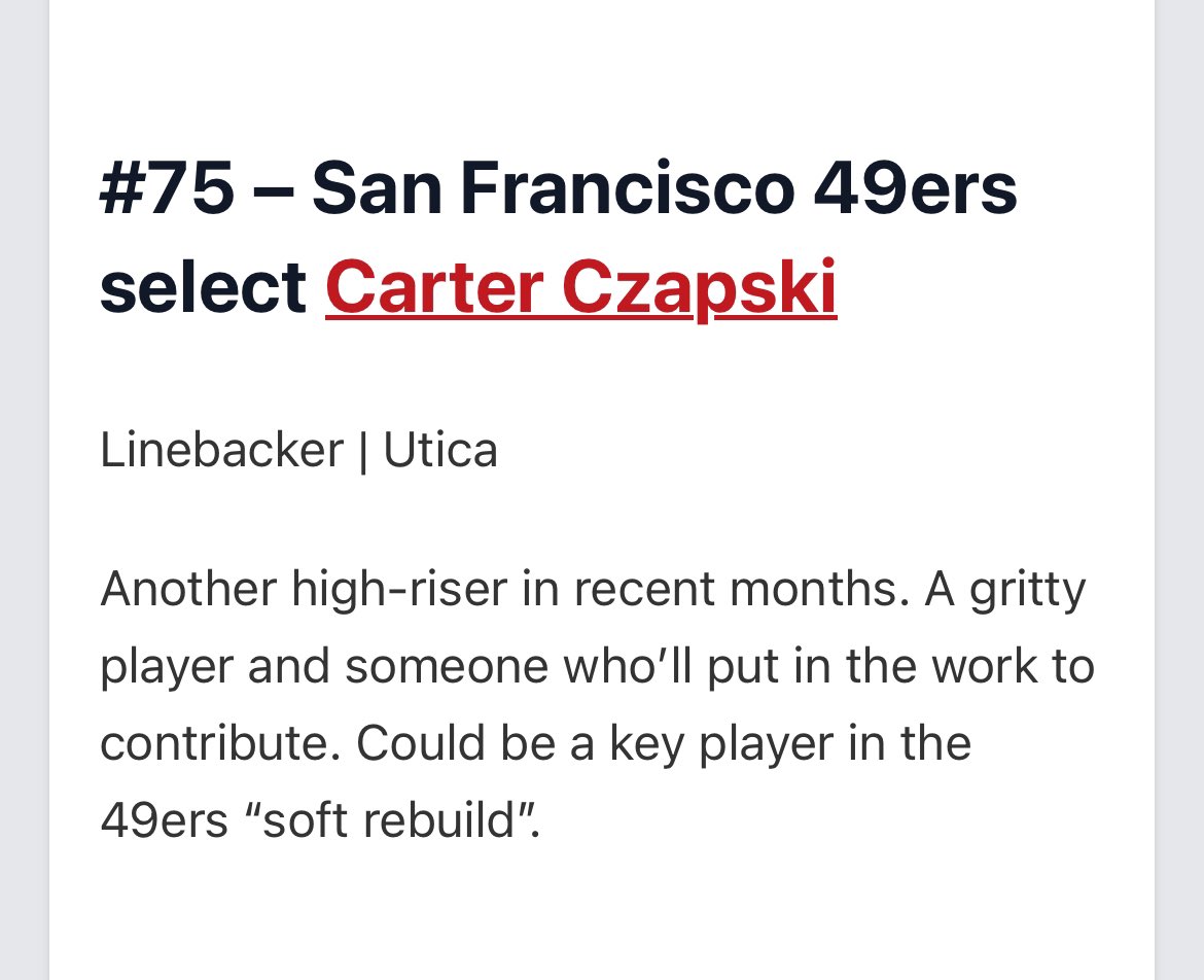 SpartanDad2U's tweet photo. Love it @alex_pallone !  Fun article!  Happy Draft Day!  Big Chop #75 to San Fran!💪🏻💯  @CarterCzapski loves Cali!💥💥💥💥💥
@UticaHighFB @RisingStars6 @MohrRecruiting @RobAurich @JasonSlowey @UCLAFootball @flowlikerob @BenjiPalu_Cal @Big75Fella @Coach_MikeBruno 
#HappyDraftDay https://t.co/pMo6IaigDt