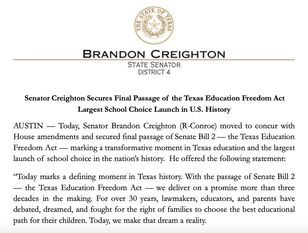 Senator Creighton Secures Final Passage of the Texas Education Freedom Act--Largest School Choice Launch in U.S. History.  #txlege Read more here: tinyurl.com/ymzafr8z
