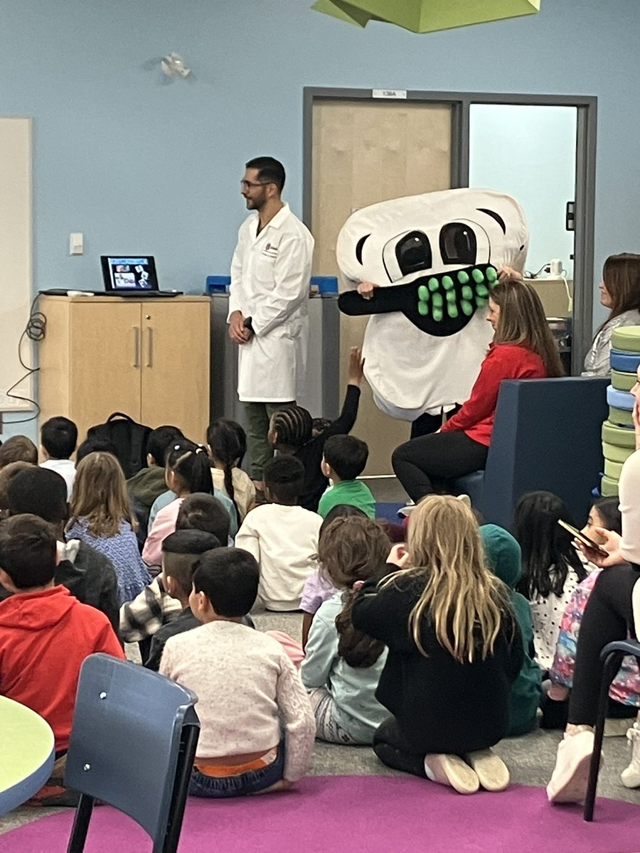 The grade 1 and SK students had an awesome visit with Mr Toothy and learned all about caring for their teeth this morning . This was part of the Brush-a-mania presentation. Ask your children what they learned from todays presentation @stGiannaOCSB
