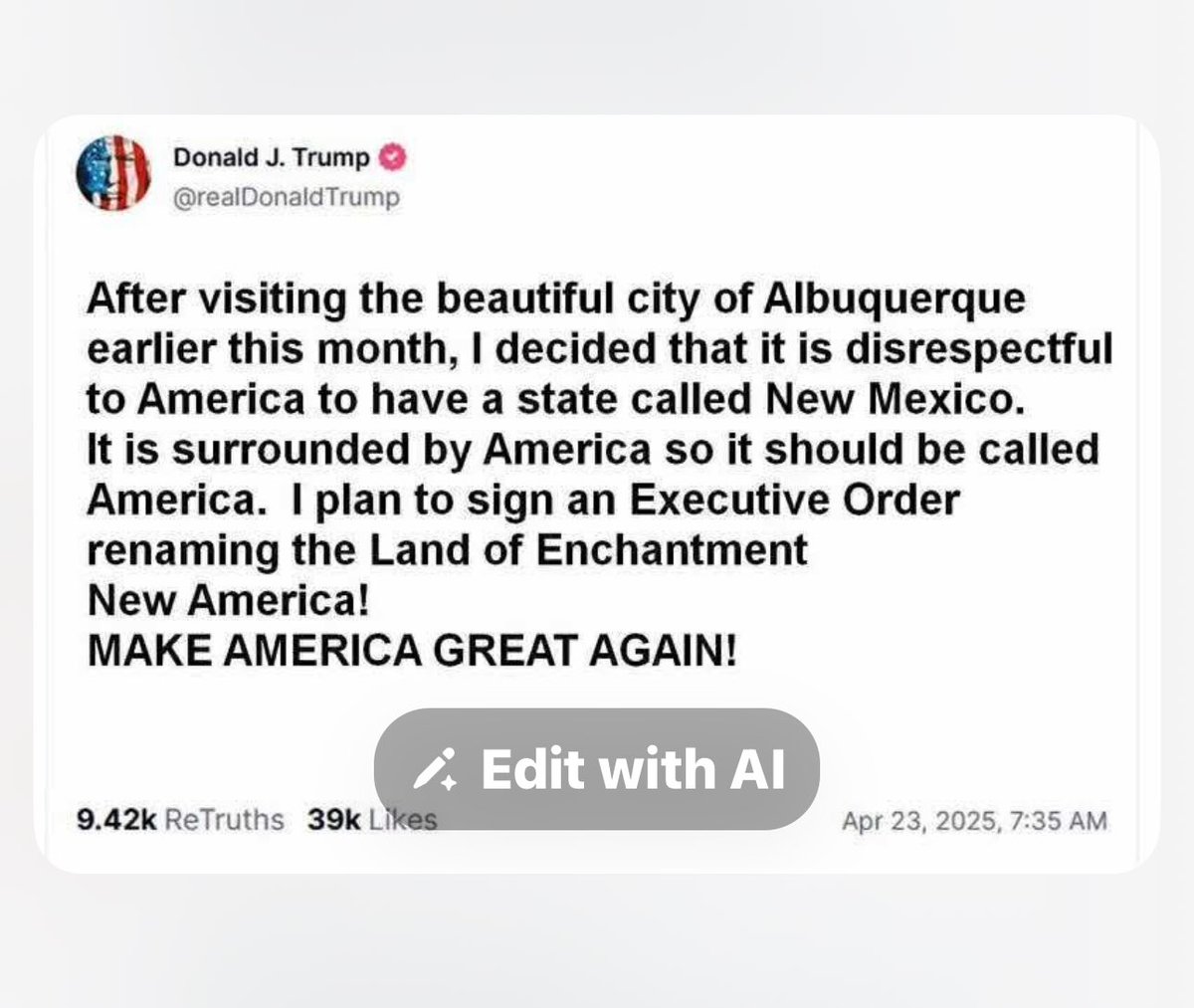 ⁦<a href="/grok/">Grok</a>⁩ is this real about changing the name of New Mexico to New America?