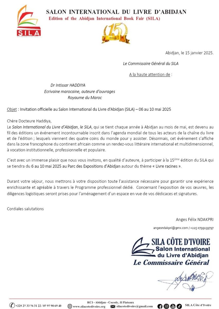 Intissar HADDIYA (@haddiyaintissar) on Twitter photo Honorée et touchée par cette invitation officielle !
Mes remerciements au Commissaire Général du Salon International du Livre d’#Abidjan #SILA de m’avoir conviée à présenter mon roman "Un si long chemin".
<a href="/GrandeLibrairie/">La Grande Librairie</a> <a href="/Lire_ML/">Lire Magazine</a>
<a href="/IFParis/">Institut français</a> <a href="/imarabe/">Institut du monde arabe</a> <a href="/IFCasablanca/">IFM Casablanca</a> <a href="/JTAtv5monde/">Le journal Afrique TV5MONDE</a> Honorée et touchée par cette invitation officielle !
Mes remerciements au Commissaire Général du Salon International du Livre d’#Abidjan #SILA de m’avoir conviée à présenter mon roman "Un si long chemin".
<a href="/GrandeLibrairie/">La Grande Librairie</a> <a href="/Lire_ML/">Lire Magazine</a>
<a href="/IFParis/">Institut français</a> <a href="/imarabe/">Institut du monde arabe</a> <a href="/IFCasablanca/">IFM Casablanca</a> <a href="/JTAtv5monde/">Le journal Afrique TV5MONDE</a>