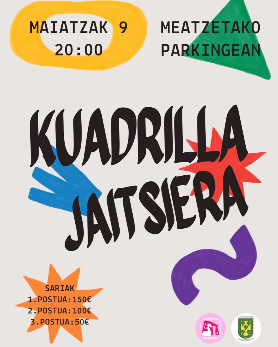 Aupa Usansolo!!! Badatoz jaiak🔥 ta jaiekaz batera KUADRILLA JAITSIERA🤟 Maiatzak 9, barikue, 20:00etan Meatzetako parkingetik hasite. Animeuuu ta etorri!!