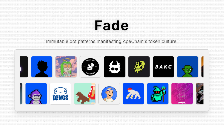 My first collection on ApeChain is live. Total Supply is 512 tokens. It's a generative art collection, with a thematic approach to ApeChain tokens. Everything is 100% onchain.  It's a TokenGated Mint + the restriction that you can only mint once per wallet.

The mint price is 1