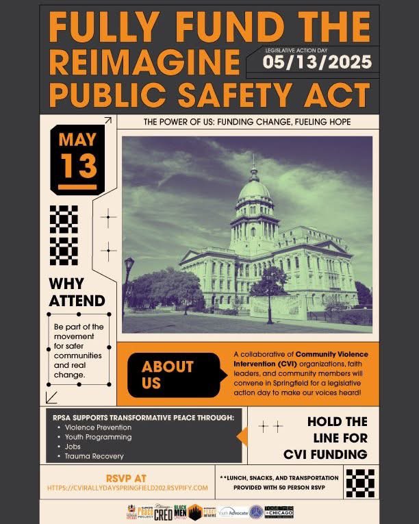 We’re proud to stand with leaders across Illinois on May 13th in Springfield for #CVIRallyDay25! It’s time for legislators to hold the line and fully fund RPSA. Join us in demanding action for gun violence prevention. #FullyFundCVI 

#InvestInPeace cvirallydayspringfield202.rsvpify.com