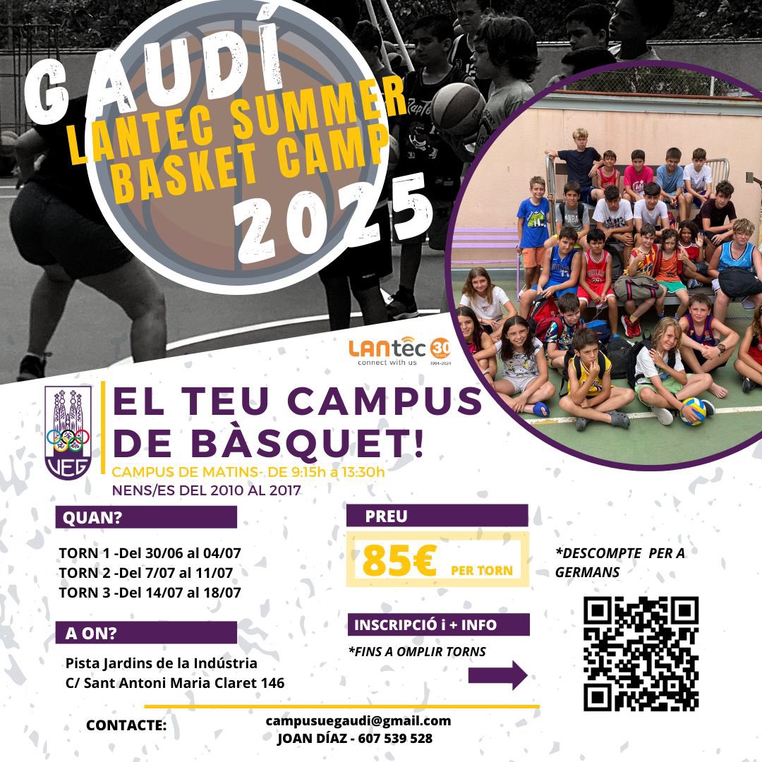 🏖️🏀 GAUDÍ LANTEC SUMMER BASKET CAMP 2025##!

Ja tenim aquí el campus d’estiu del Club.

▶️TECNIFICACIONS
▶️ENTRENAMENTS PERSONALITZATS
▶️CONCURSOS DE 3x3 
▶️SORTIDA EXTRAESPORTIVA
▶️JOCS D’AIGÜA

⚠️Places limitades!!