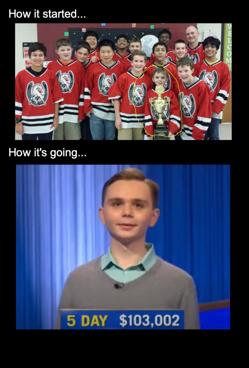 WOW! $100K and a berth in the next Tournament of Champions! Congratulations <a href="/StationMS220/">Station Middle School</a> alumnus, Liam Starnes on becoming a 5-time <a href="/Jeopardy/">Jeopardy!</a> champion!