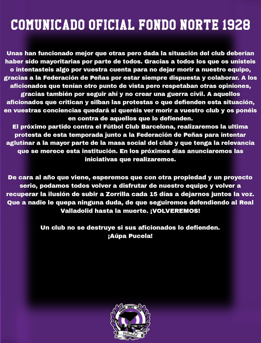 FONDO NORTE 1928 (@fondonorte1928) on Twitter photo COMUNICADO OFICIAL FONDO NORTE 1928.
<a href="/realvalladolid/">Real Valladolid C.F.</a>
<a href="/Ronaldo/">Ronaldo Nazário</a>
¡¡¡ FUERA DE ZORRILLA !!! COMUNICADO OFICIAL FONDO NORTE 1928.
<a href="/realvalladolid/">Real Valladolid C.F.</a>
<a href="/Ronaldo/">Ronaldo Nazário</a>
¡¡¡ FUERA DE ZORRILLA !!!