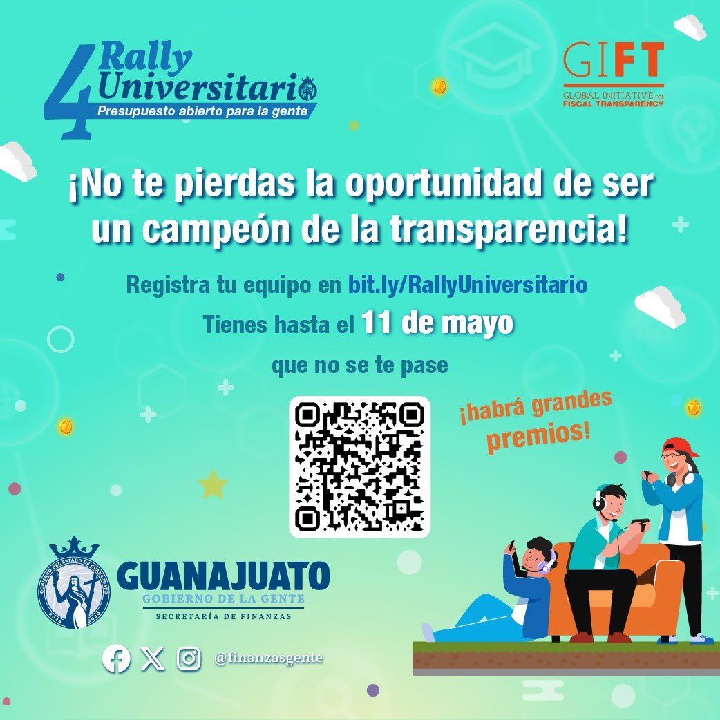 🎉📚 ¡Atención, comunidad universitaria de Guanajuato! 🙌
¡Es hora de demostrar tus habilidades, participa en el #RallyUniversitario #PresupuestoAbiertoParaLaGente! 
📅 Inscripciones hasta el 11 de mayo en:
👉presupuestoabierto.guanajuato.gob.mx/presupuesto-ge… 
¡No te quedes fuera! 💪
#GobiernoDeLaGente