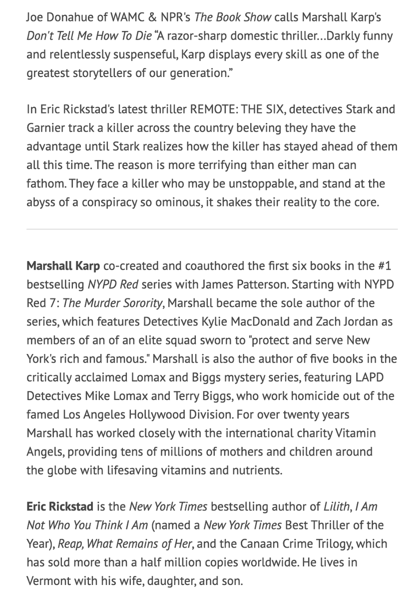 BlackstoneAudio's tweet photo. In 5 DAYS, we’ve got two Blackstone authors in the hot seat at @OblongBooks!🗽Join us for a 4/29 event featuring @nytimes bestselling authors @MarshallKarp (#DONTTELLMEHOWTODIE, released 3/4) + @EricRickstad (#REMOTETHESIX, released 4/8)!
🌟Register: https://t.co/KFCZ8QIlRe? https://t.co/Ex1YLG6al9