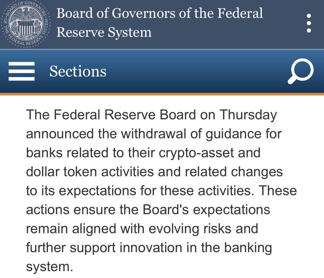 🇺🇸 BREAKING: The Federal Reserve withdraws crypto guidance for banks.

The Federal Reserve just rescinded its 2022 and 2023 guidance that required banks to notify or get approval before engaging in crypto or stablecoin activities.