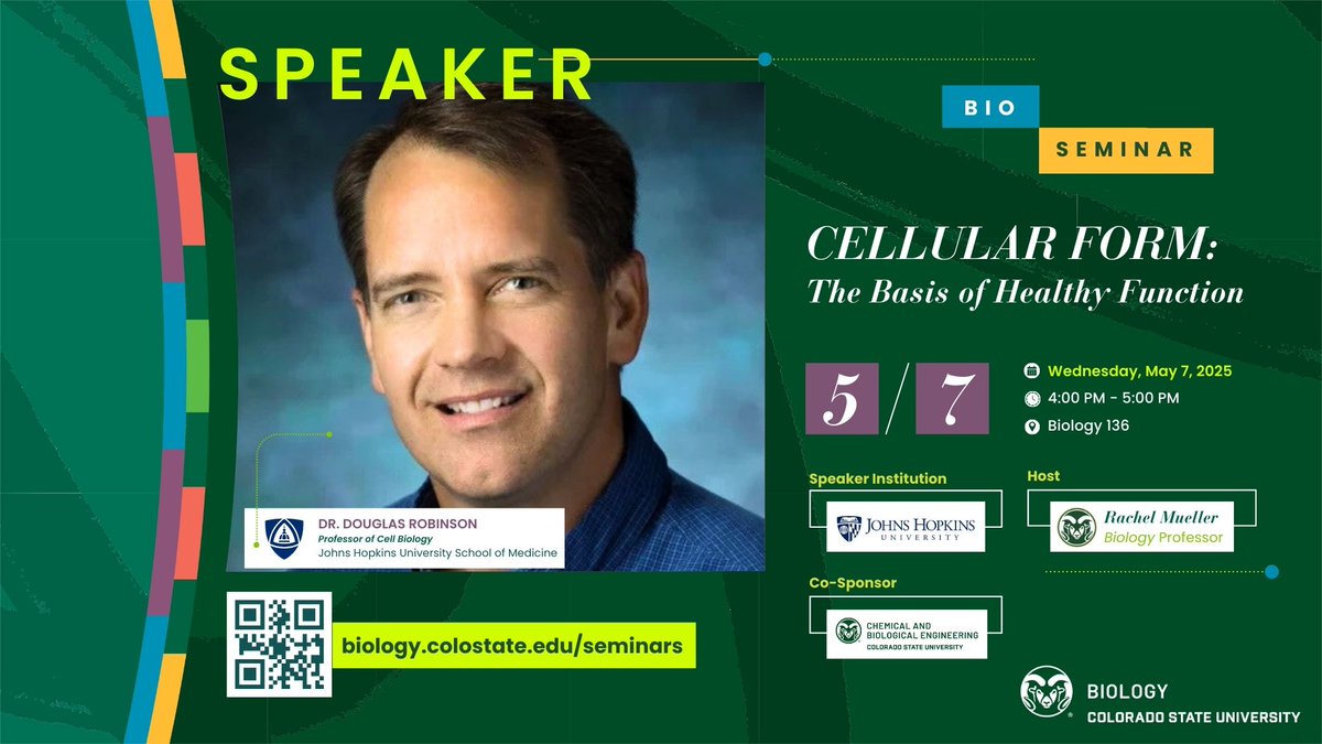 CSU Bio Research Seminar!🧬 May 7 @ 4PM: Dr. Douglas Robinson (Johns Hopkins) talks cell shape &amp; health! Bio 136 – don’t miss it! 
Info: col.st/pmxdf 
#CSUBiology
