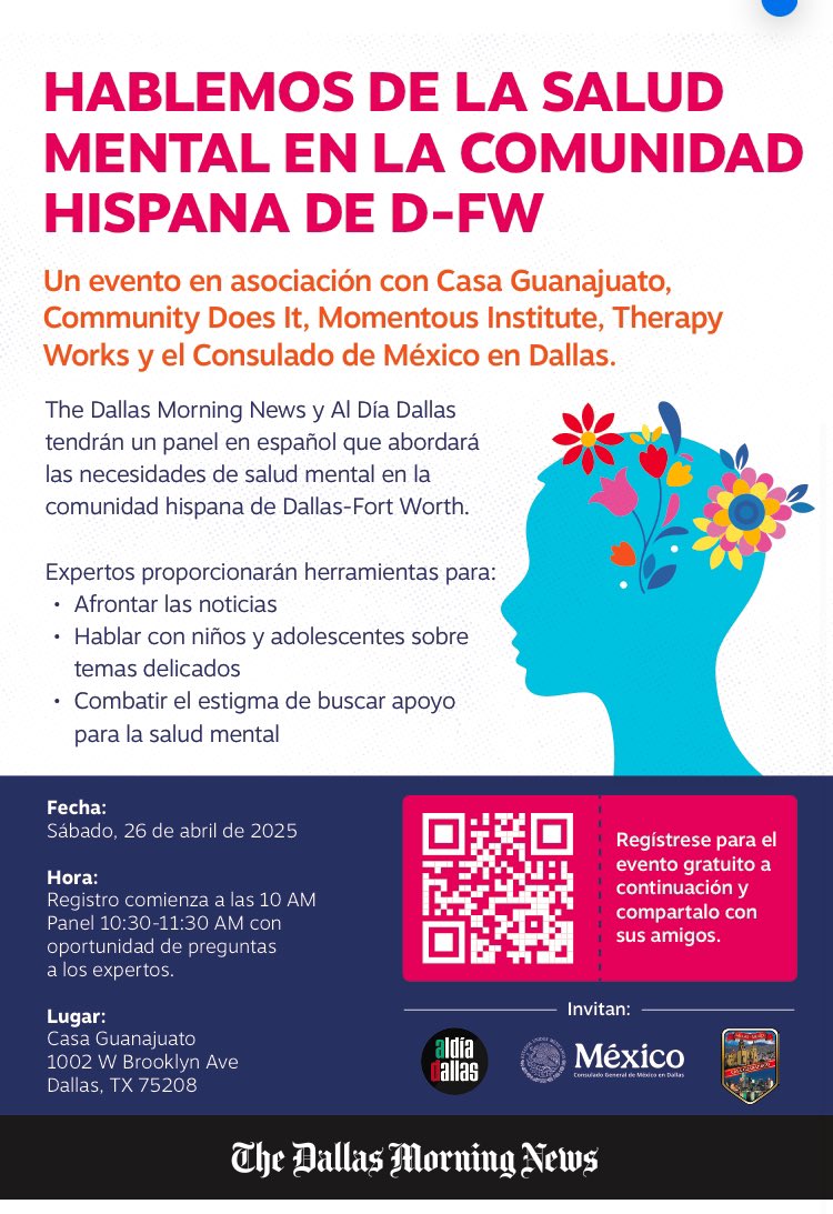 Francisco de la Torre 🥑 (@fdelatg) on Twitter photo 🗣️ <a href="/dallasnews/">Dallas Morning News</a> <a href="/AlDiaDallas/">Al Día Dallas</a> con anfitrionía de Casa Guanajuato y en colaboración con <a href="/ConsulMexDal/">ConsulMexDal</a> (VdS), Community Does It, Momentous Institute y Therapy Works, organizamos panel en español sobre las necesidades de la comunidad hispana en salud mental este sábado 26 de abril
👇🏽 🗣️ <a href="/dallasnews/">Dallas Morning News</a> <a href="/AlDiaDallas/">Al Día Dallas</a> con anfitrionía de Casa Guanajuato y en colaboración con <a href="/ConsulMexDal/">ConsulMexDal</a> (VdS), Community Does It, Momentous Institute y Therapy Works, organizamos panel en español sobre las necesidades de la comunidad hispana en salud mental este sábado 26 de abril
👇🏽