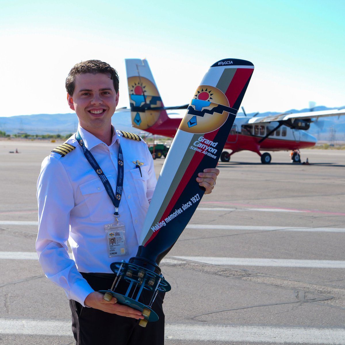 FlyGCSA's tweet photo. 🚁 Top Prop Alert! Shoutout to Riley Robison, our Caravan Captain &amp; training guru at Grand Canyon Scenic Airlines! 👨‍✈️

Known for top-tier teamwork, safety, and integrity, Riley is the kind of pilot you want in the skies—and on your team. #TopProp 

👏 Congrats, Riley! #teamwork https://t.co/MyPb3AoABN