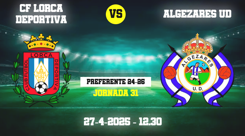 Preferente Autonómica
Domingo 27/4 CF Lorca Deportiva ``B´´ - UD Algezares (12.30 Horas) Hacer buenos los previos 4 impares y buscar regularidad en el filial lorquinista, con objeto de encarrilar la permanencia. Su rival sigue empujando hacia el play off y planteará mucho choque