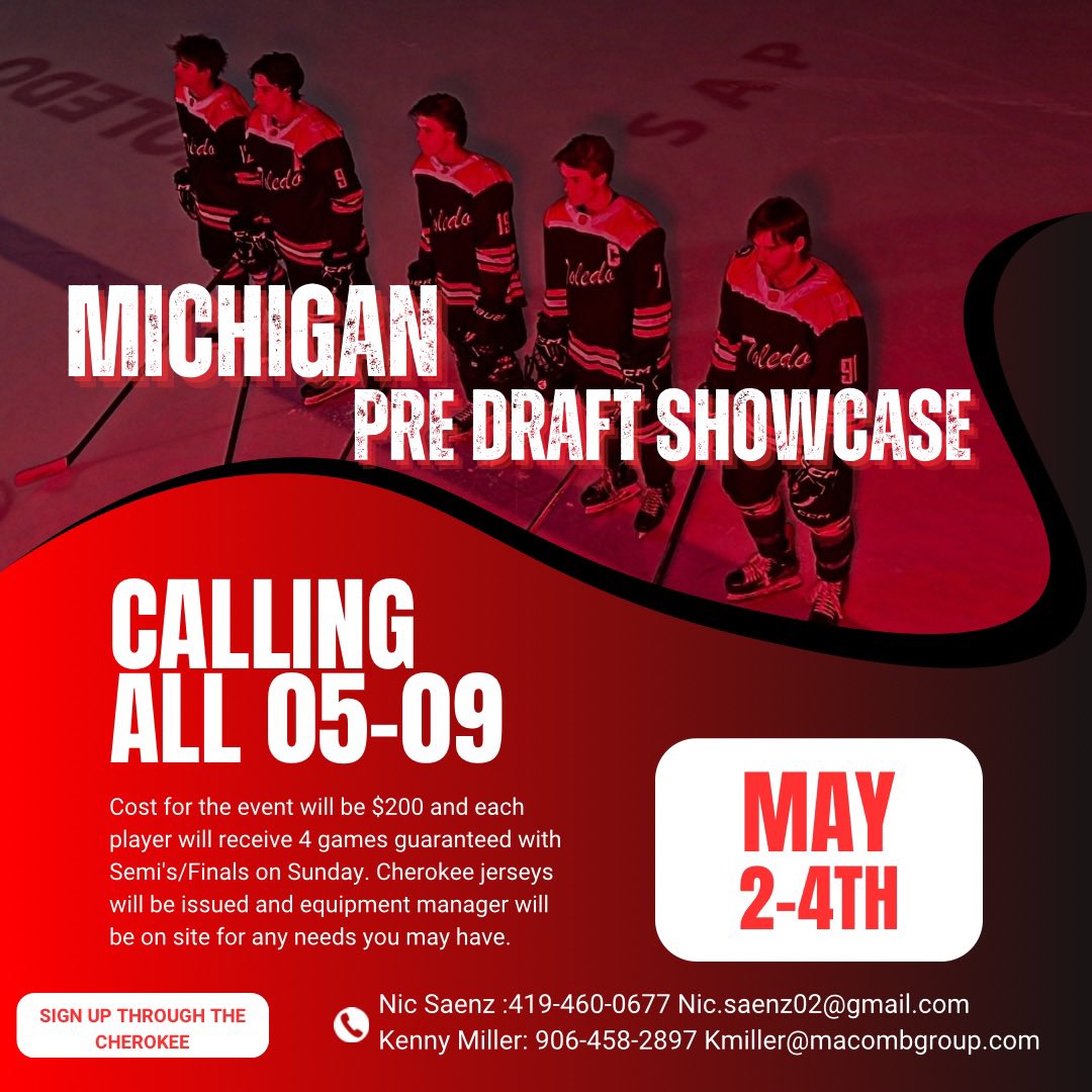 🚨ONLY 3 DEFENSEMEN SPOTS LEFT 🚨

The Toledo Cherokee members of the USPHL Great Lakes Division would like to invite you to participate and play with our organization in the 12th annual Michigan Pre Draft Showcase being held in Trenton, MI May 2-4th.