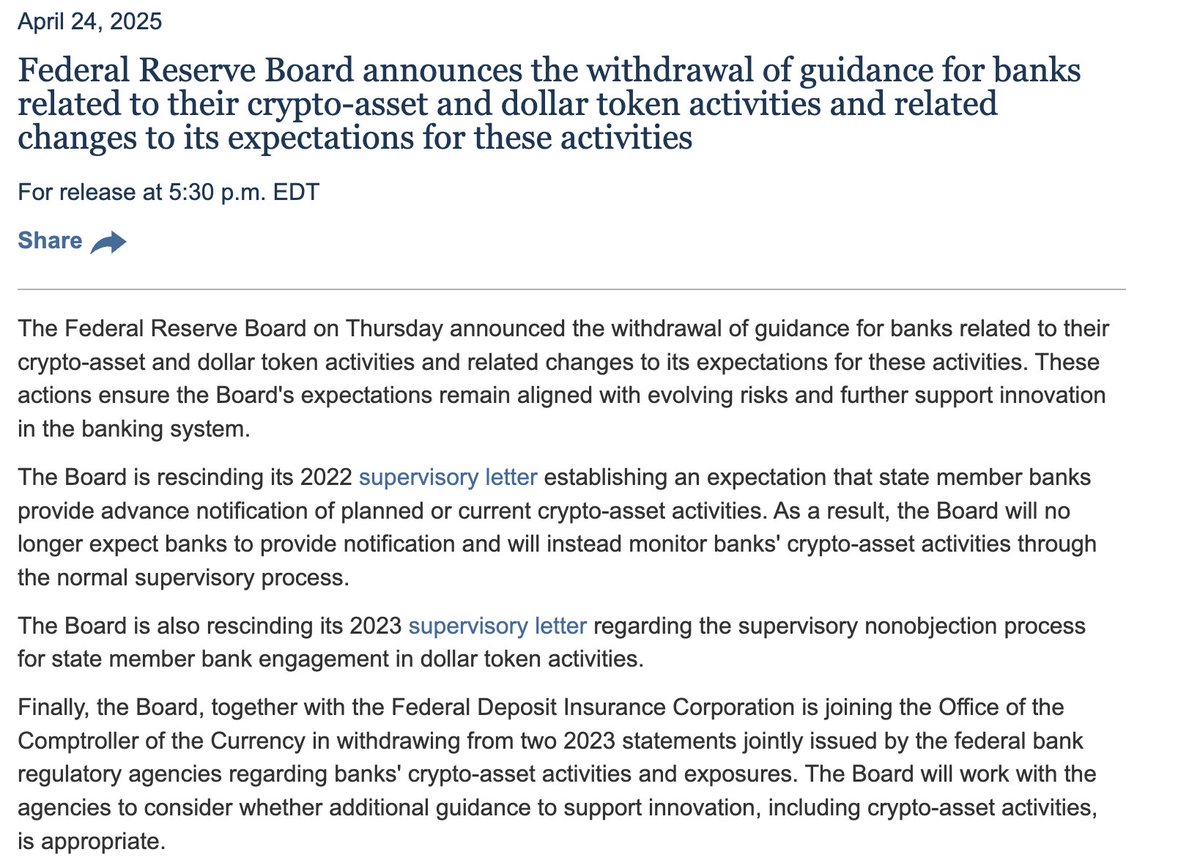 JUST IN: 🇺🇸 Federal Reserve no longer requires banks to provide  notification when dealing with #Bitcoin & crypto and will 
