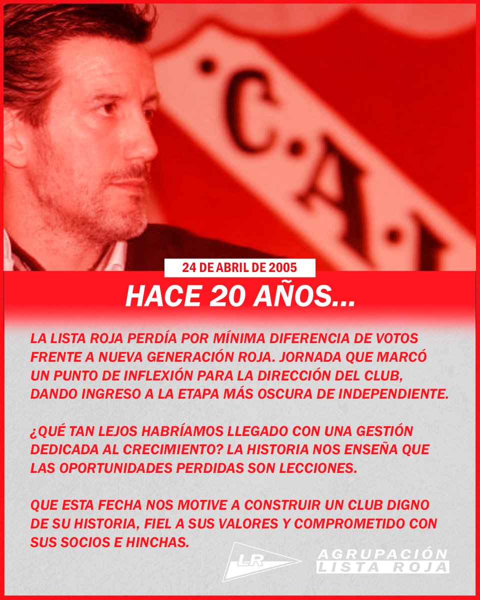 listarojacai's tweet image. 🚩 A 20 años de una derrota electoral que dio comienzo a una etapa nefasta en la Historia de #Independiente 🇦🇹 de la que buscaremos salir. Con gestión y trabajo, como la Lista Roja siempre se caracterizó 🔱