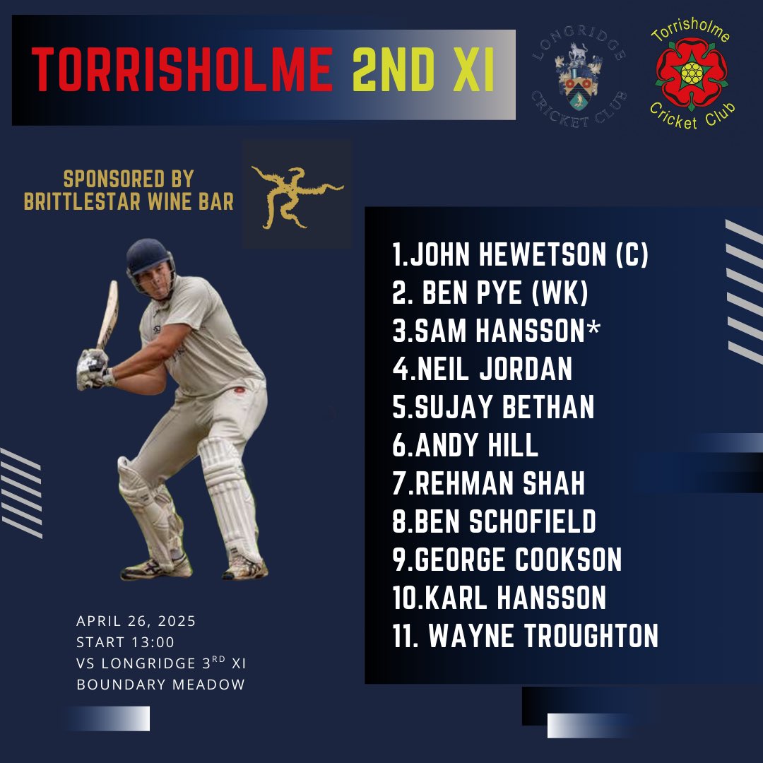 TEAM NEWS! 🚨

Here are our 1st &amp; 2nd XI team sheets for the 2025 season!

The 1s will take on <a href="/MorecambeCC/">MorecambeCC</a> at Woodhill Lane and the 2s will take on <a href="/LongridgeCC/">Longridge CC</a> at Boundary Meadow both 13:00 start.

Get down and support the lads 🍻 

#WeAreTCC