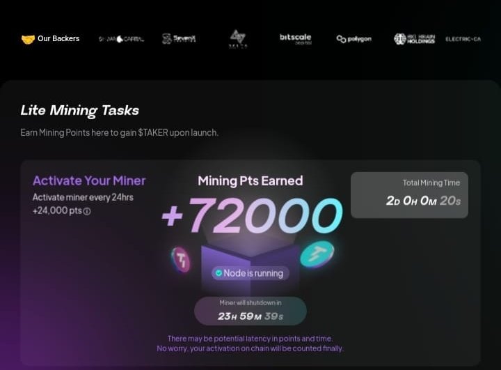 TheCryptoEpoch's tweet photo. Earn Mining Points to gain $TAKER upon launch. Project backed by #Polygon.
Activate miner every 24hrs.
Join here: https://t.co/t7HvFZKpxM

#crypto #airdrops #bounty #rewards #mining https://t.co/94XViKRJqu
