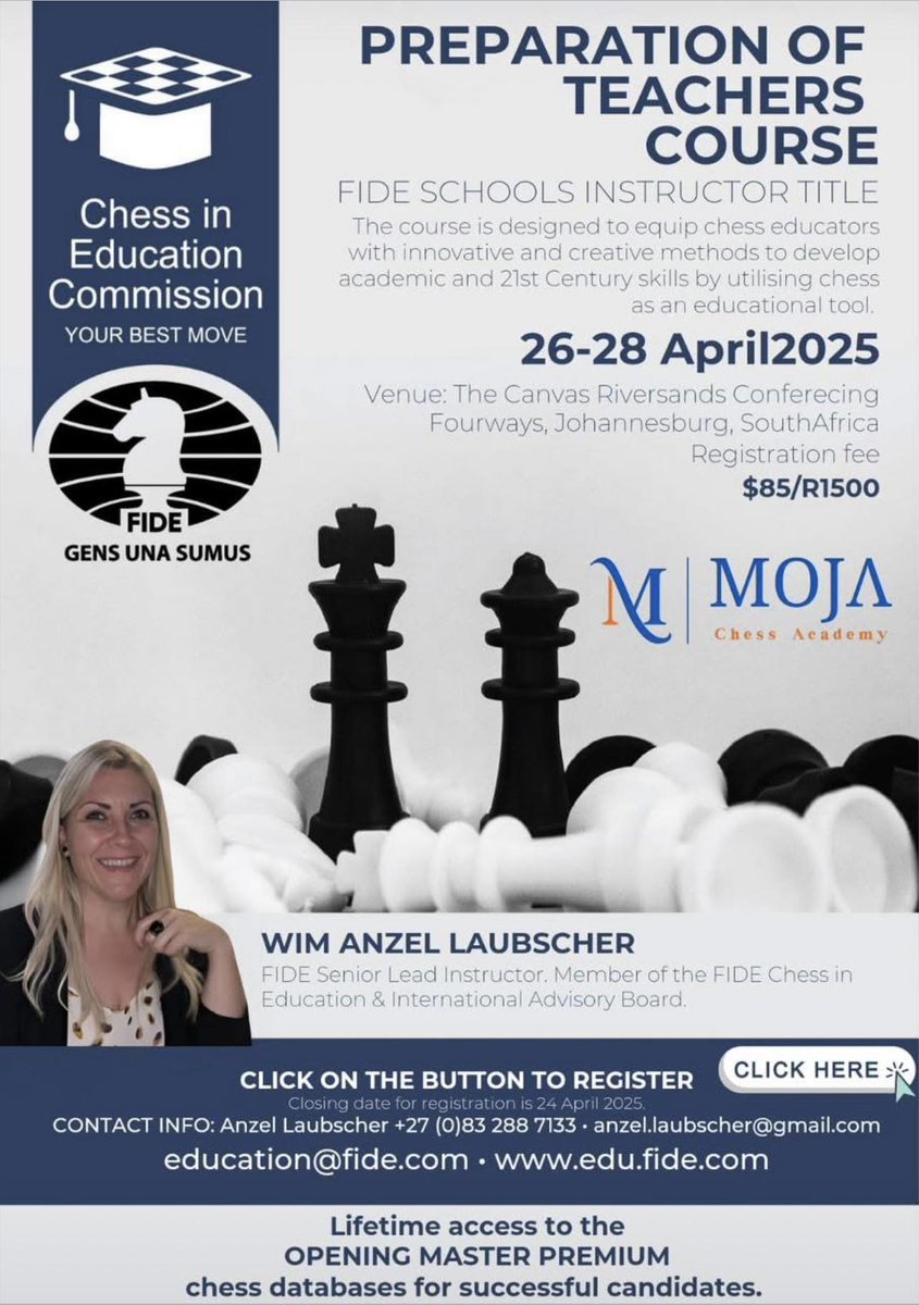 FIDE EDU 26th In-Person Preparation of Teachers Course in English!
April 26–28, 2025
Johannesburg, South Africa