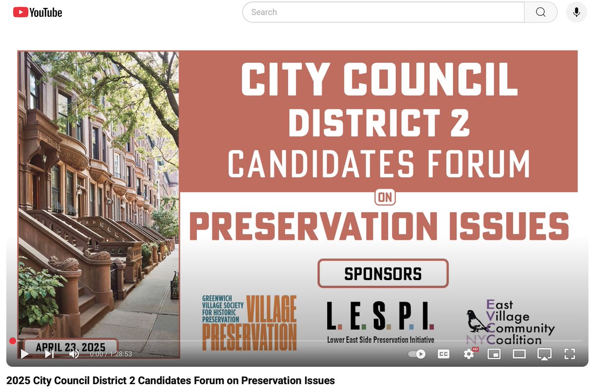 In case you missed last night's NY City Council District 2 Candidates Forum on Preservation Issues, you can now see it on YouTube: youtube.com/watch?v=HuLsg4…. This was a very enlightening program!