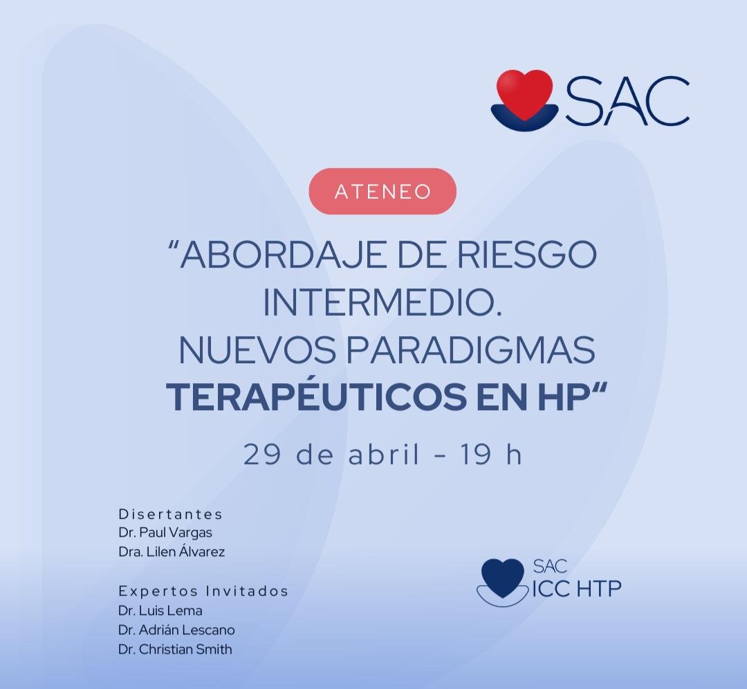 ➡️ Ateneo del Consejo

Abordaje de Riesgo Intermedio. Nuevos paradigmas terapéuticos en Hipertensión Pulmonar  

✅️ Casos Clínicos 
✅️ Actualización Bibliográfica
✅️ Debate con Expertos 

🗓Martes 29 Abril a las 19hs

Anotate⤵️
sac.org.ar/sac-eventos/ab…