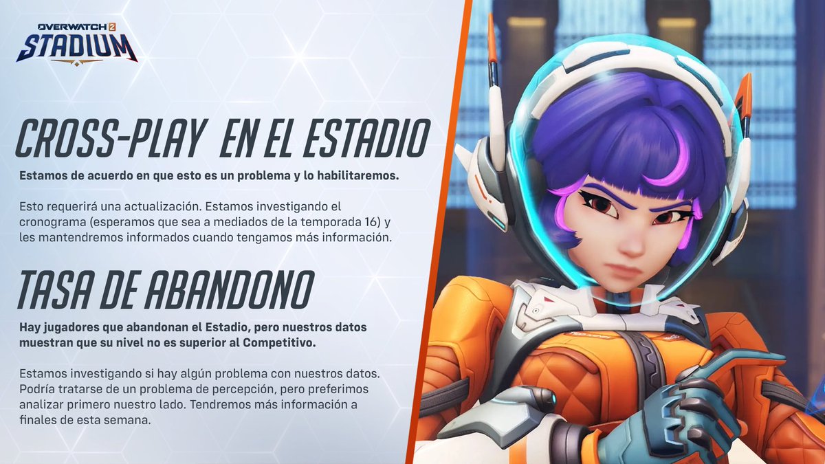 OverwatchLATAM's tweet photo. Queremos que Estadio sea el mejor modo de juego posible, ¡y eso empieza por atender sus comentarios! ✨

Aquí les contamos lo que el equipo comentó sobre los comentarios iniciales que recibieron sobre Estadio. Estén atentos a más actualizaciones y ajustes de Estadio durante el resto de la Temporada 16 🏟️