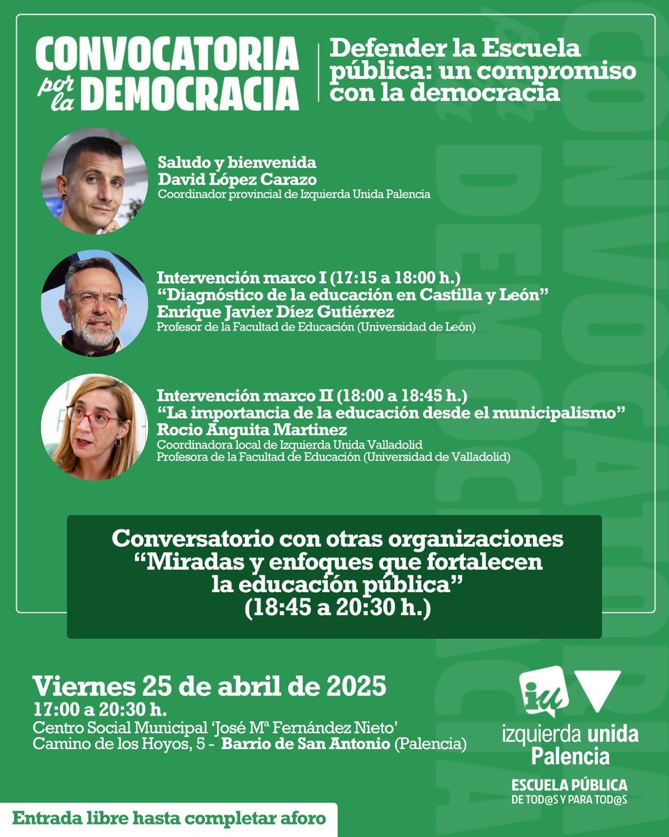 Juan Gascón 🔻 (@juan_gascon) on Twitter photo Mañana no puedo estar en esta acto de Convocatoria por la democracia que ha preparado la red de activistas de educación de <a href="/IUPalencia/">IU Palencia 🔻🌾🇵🇸</a> pero os lo recomiendo: "Miradas y enfoques que fortalecen la educación pública." Con <a href="/EnriqueJDiez/">EnriqueDíezGutiérrez 🔻</a> y <a href="/rocioanguita/">Rocío Anguita🔻🍉🌾</a>. Presenta el acto <a href="/DLCarazo/">David</a> Mañana no puedo estar en esta acto de Convocatoria por la democracia que ha preparado la red de activistas de educación de <a href="/IUPalencia/">IU Palencia 🔻🌾🇵🇸</a> pero os lo recomiendo: "Miradas y enfoques que fortalecen la educación pública." Con <a href="/EnriqueJDiez/">EnriqueDíezGutiérrez 🔻</a> y <a href="/rocioanguita/">Rocío Anguita🔻🍉🌾</a>. Presenta el acto <a href="/DLCarazo/">David</a>