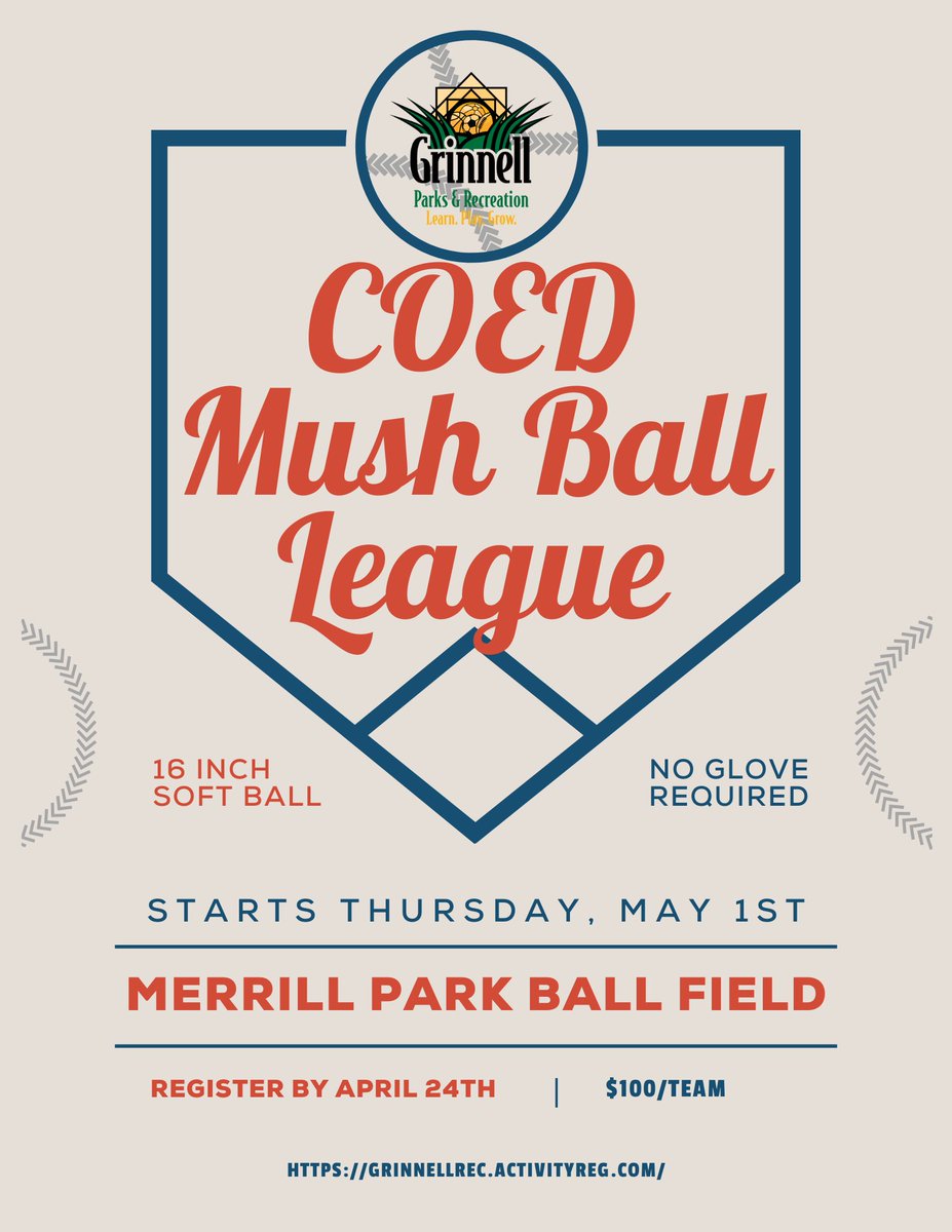 Tonight is the deadline for COED Mush Ball League! Sign up your team up here: grinnellrec.activityreg.com