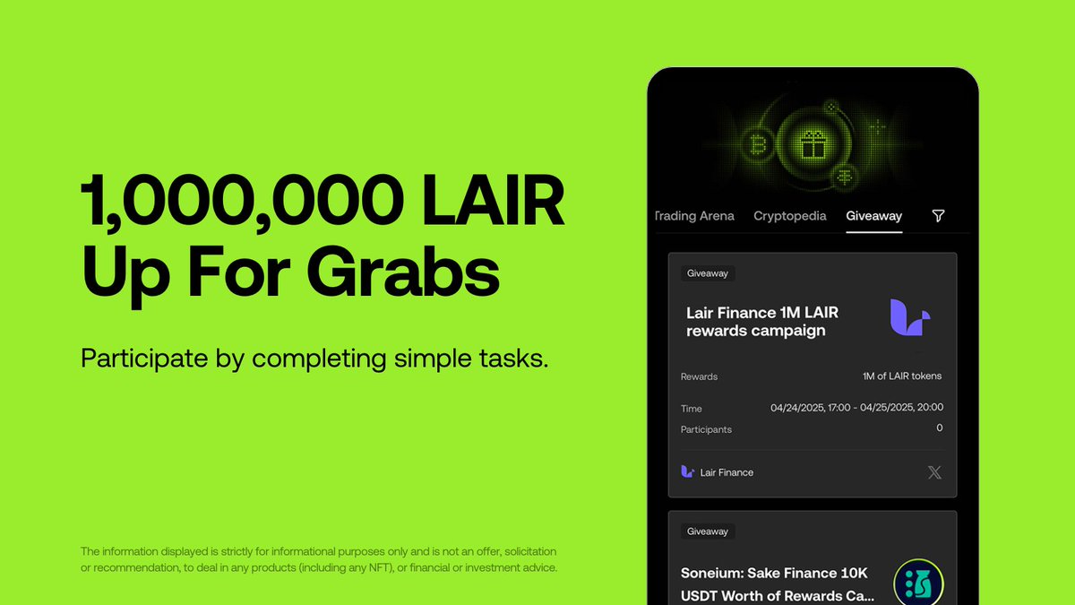 OKX Wallet (@wallet) on Twitter photo GM fam, we've got 1M $LAIR up for grabs when you complete simple tasks!
Campaign ends on Apr 25, 9 AM UTC. Head to <a href="/ramen_finance/">Ramen ๐</a> on @Berachain to claim your rewards 2 hours later.
Join now: web3.okx.com/giveaway/lairfโฆ GM fam, we've got 1M $LAIR up for grabs when you complete simple tasks!
Campaign ends on Apr 25, 9 AM UTC. Head to <a href="/ramen_finance/">Ramen ๐</a> on @Berachain to claim your rewards 2 hours later.
Join now: web3.okx.com/giveaway/lairfโฆ