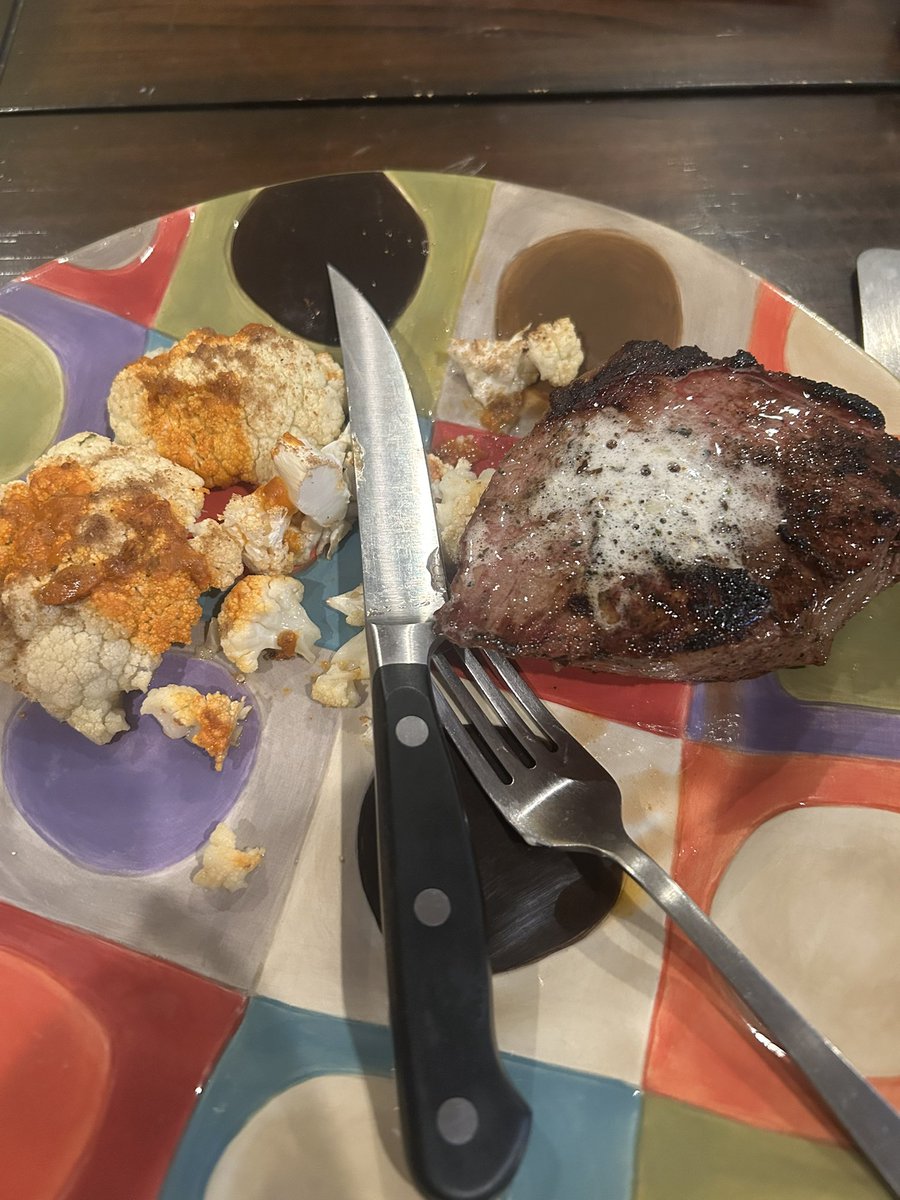 Espresso rubbed cast iron steak with buffalo cauliflower