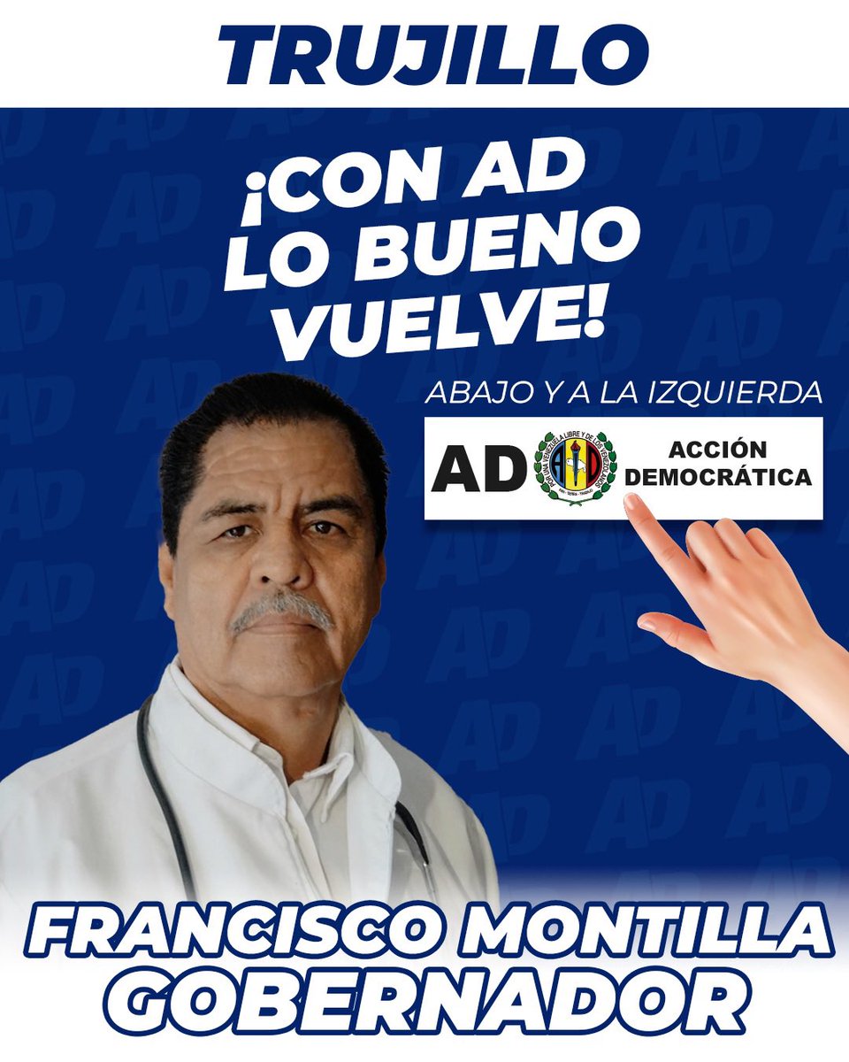 Acción Democrática (@advenezuelaa) on Twitter photo Estos son nuestros candidatos a Gobernador en ⬇️
Cojedes - <a href="/albertogalindez/">Alberto Galindez</a>
La Guaira - <a href="/RubenMeleanV/">Rubén Meleán Vargas</a>
Portuguesa - Roberto Canela
Trujillo - Francisco Montilla
#ConADLoBuenoVuelve 🏳️ Estos son nuestros candidatos a Gobernador en ⬇️
Cojedes - <a href="/albertogalindez/">Alberto Galindez</a>
La Guaira - <a href="/RubenMeleanV/">Rubén Meleán Vargas</a>
Portuguesa - Roberto Canela
Trujillo - Francisco Montilla
#ConADLoBuenoVuelve 🏳️
