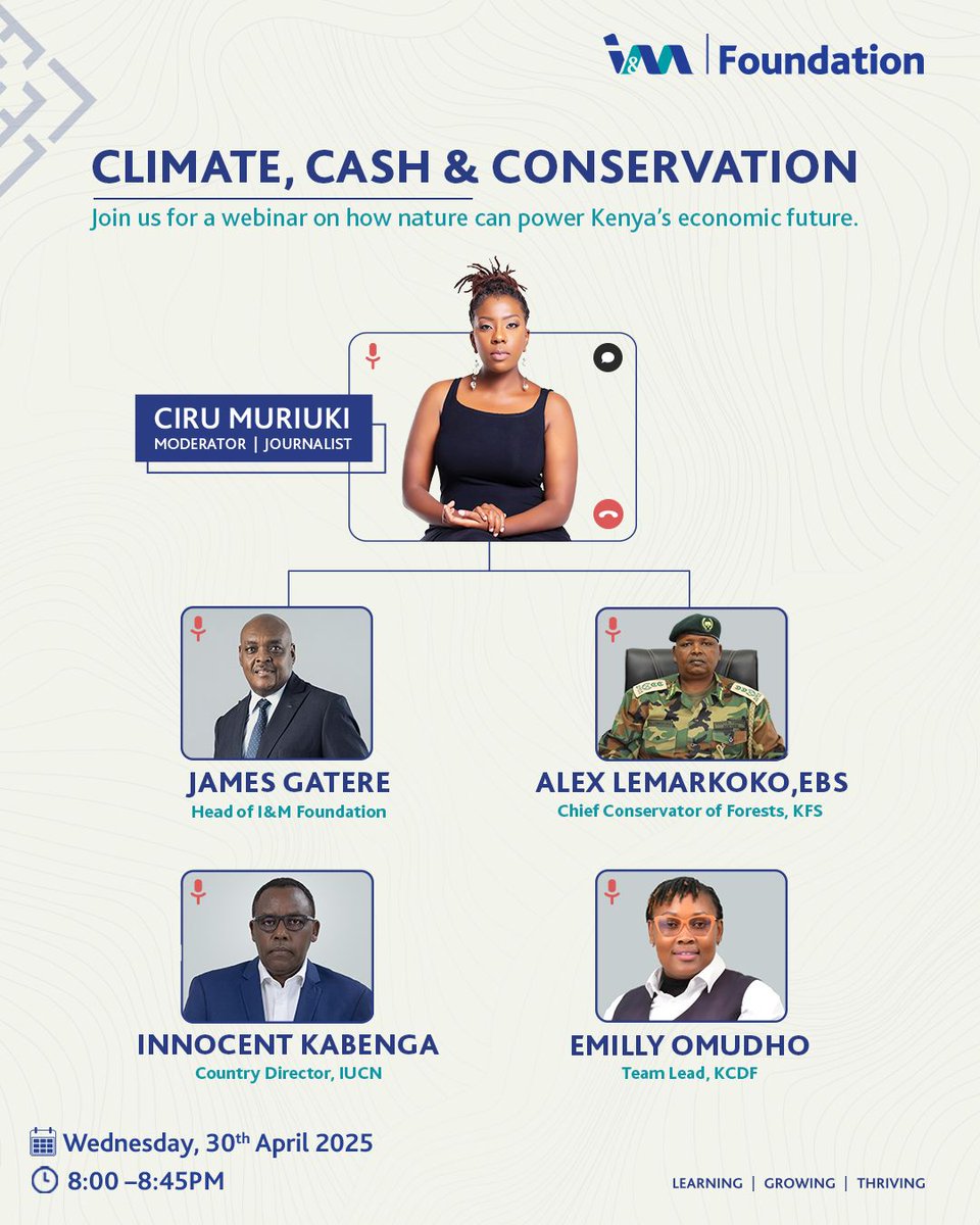 I&M Foundation (@imfoundationke) on Twitter photo 🌍 Webinar Alert: Climate, Cash & Conservation 🌿 How can nature fuel Kenya’s economy? Join our 45-min webinar on 30 April at 8 PM with <a href="/KeForestService/">Kenya Forest Service</a>, <a href="/KCDF/">Kenya Community Development Foundation</a>, <a href="/IucnE/">IUCN ESARO</a>, & moderated by @cirumuriuki 👉 Register: shorturl.at/3WR4e #CelebratingFiveYearsOfImpact 🌍 Webinar Alert: Climate, Cash & Conservation 🌿 How can nature fuel Kenya’s economy? Join our 45-min webinar on 30 April at 8 PM with <a href="/KeForestService/">Kenya Forest Service</a>, <a href="/KCDF/">Kenya Community Development Foundation</a>, <a href="/IucnE/">IUCN ESARO</a>, & moderated by @cirumuriuki 👉 Register: shorturl.at/3WR4e #CelebratingFiveYearsOfImpact