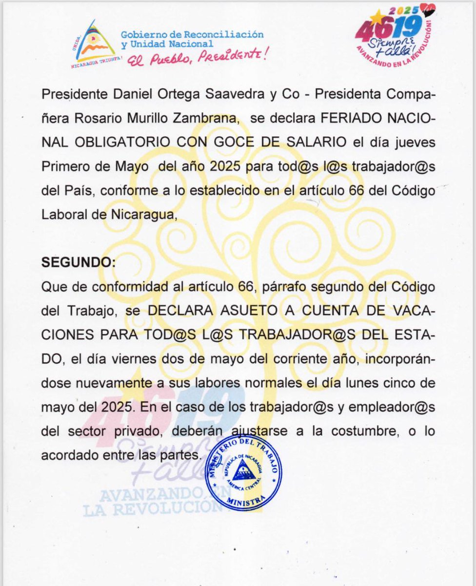 SoldeLiberNica's tweet photo. #Comunicado #Mitrab #1deMayo y #2deMayo 2025 #Nicaragua
#NicaraguaConDanielyRosario
#NoPudieronNiPodran
#4619SiempreMásAllá
#4619AvanzandoEnLaRevolucion https://t.co/lGwoxsVZE2