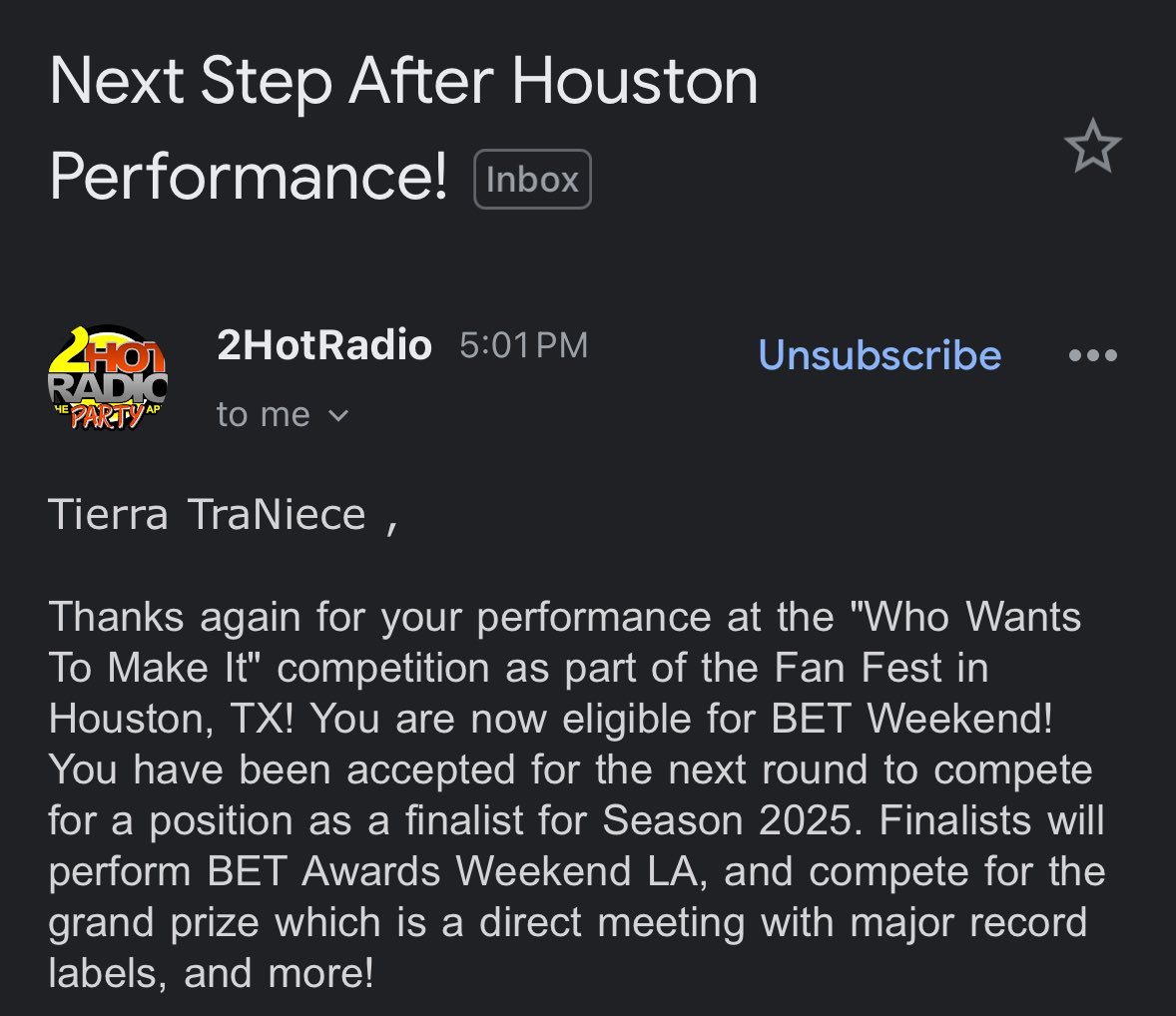 We advanced to the next round guys 🥹 this was such an emotional performance for me because I chose to perform in a city —no friends, no family and no familiarity with my music, just me &amp; God but we still DID IT!

From Miami to Houston to LA — Tierra TraNiece is coming for the